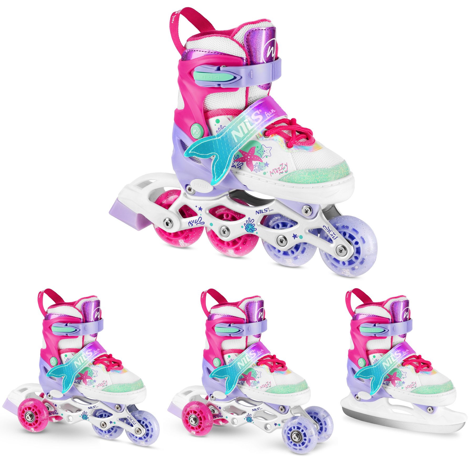 NILS FUN Inlineskates 4 in 1 Inliner Schlittschuhe Rollschuhe 31-34, 35-38 Skates Mermaid