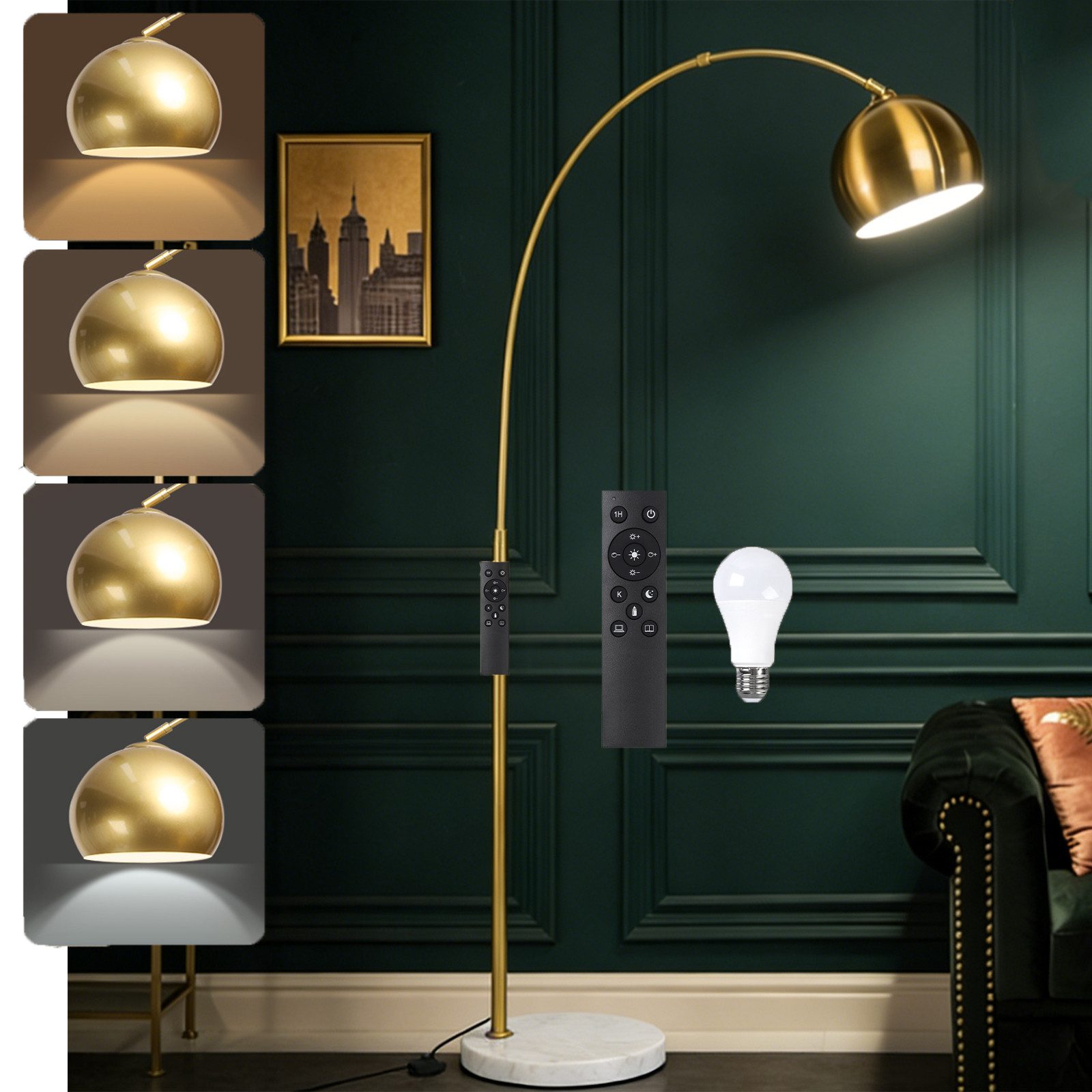 Qualra LED Bogenlampe 175 cm Moderne Stehlampe, Gold Metallschirm, Fernbedienung, LED fest integriert, 12W LED Lampe, 3000-6500K, mit Marmorsockel