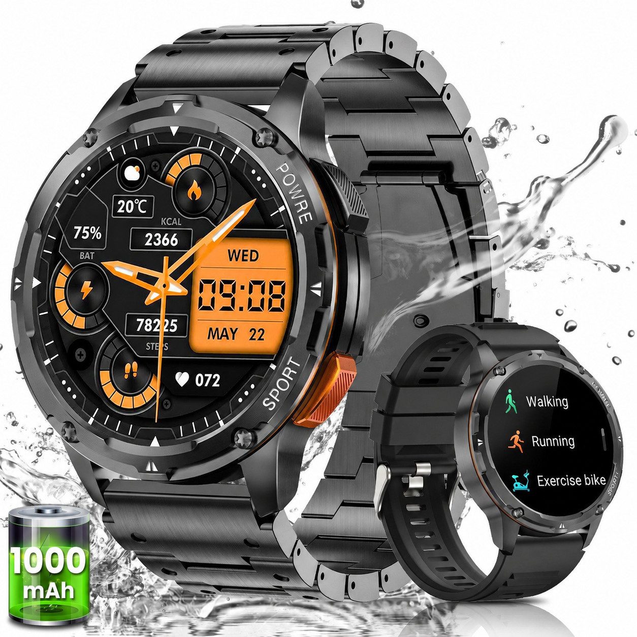 SWGOTA 2026 Smartwatch für Herren in Militärqualität Fitnessuhr Smartwatch (3.63 cm/1,43 Zoll, AMOLED Always On Display), mit 100+ Sportmodi,24/7 Herzfrequenz/SpO2/Schlafüberwachung