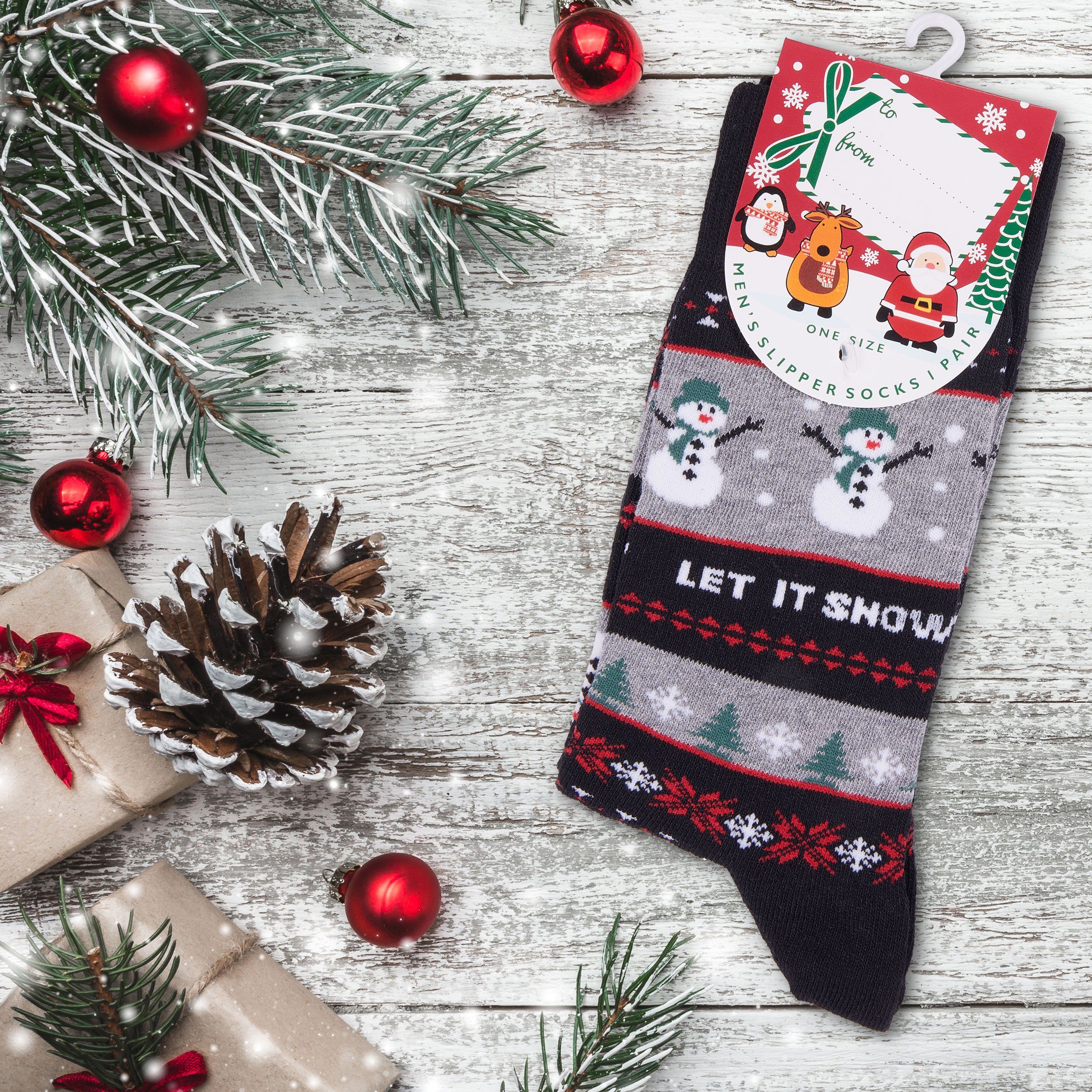BRUBAKER Socken Weihnachtssocken - Lustige Socken für Damen und Herren (3-Paar, Unisex Baumwollsocken) Schneemann, Rentier und Let It Snow