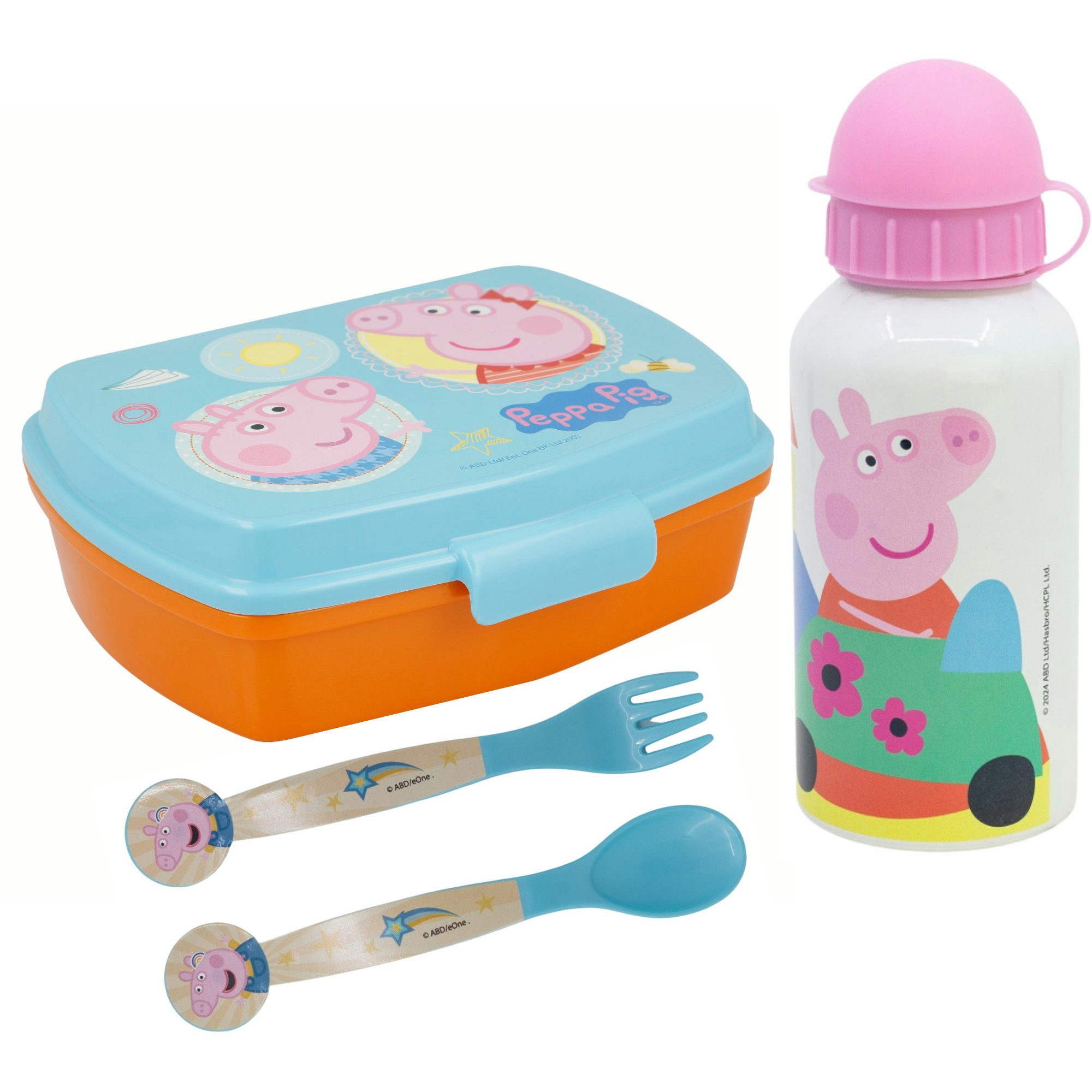 Peppa Pig Lunchbox Peppa Wutz Pig 4 tlg Kinder Set Brotdose Alu-Trinkflasche Besteck, (4-tlg., Spar-Set)