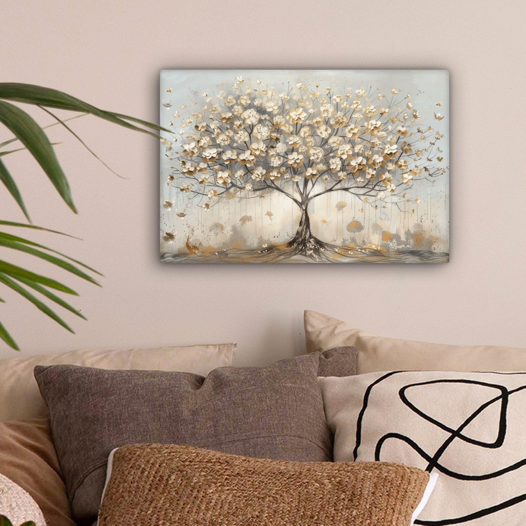 OneMillionCanvasses® Leinwandbild Baum - Beige - Gold - Farben Optik - Grau günstig online kaufen
