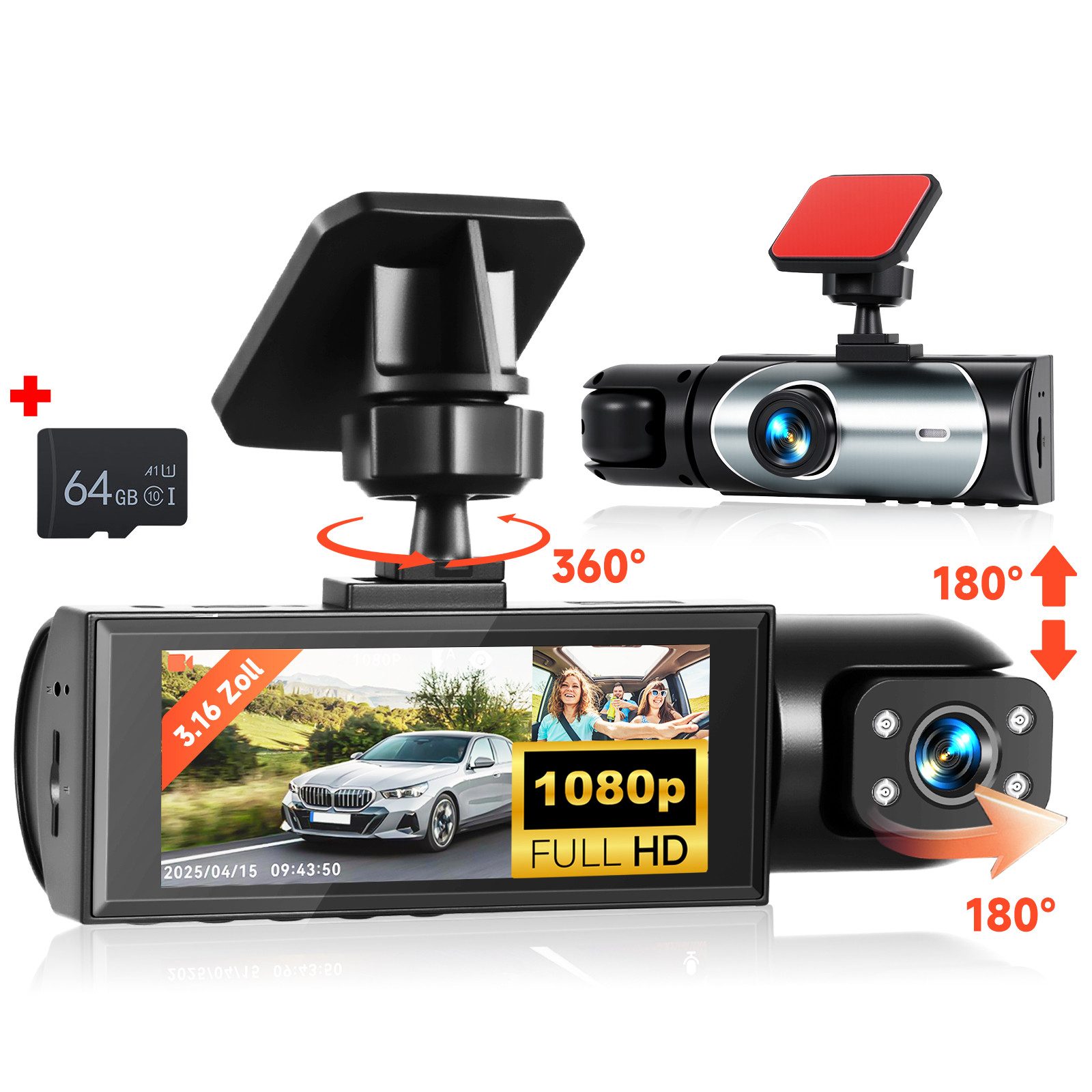 Hikity Dashcam Auto, 3,16 Zoll 1080P HD Dual-Aufnahme + Bewegungserkennung Dashcam (HD, für alle Fahrzeuge)