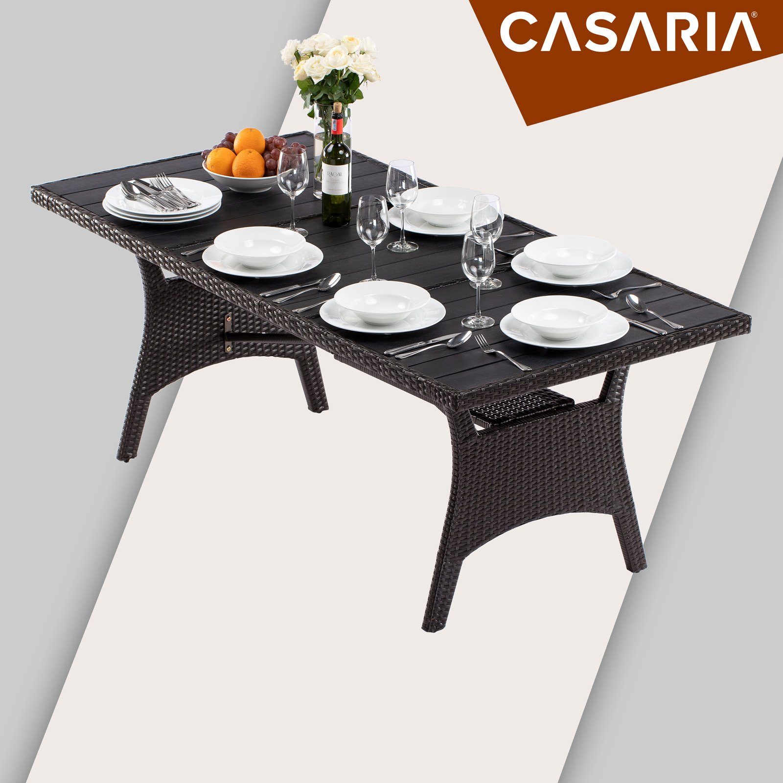 Casaria Gartentisch (1-St), Polyrattan 190x90x74cm Ablage Höhenverstellbar Braun mit WPC-Tischplatte