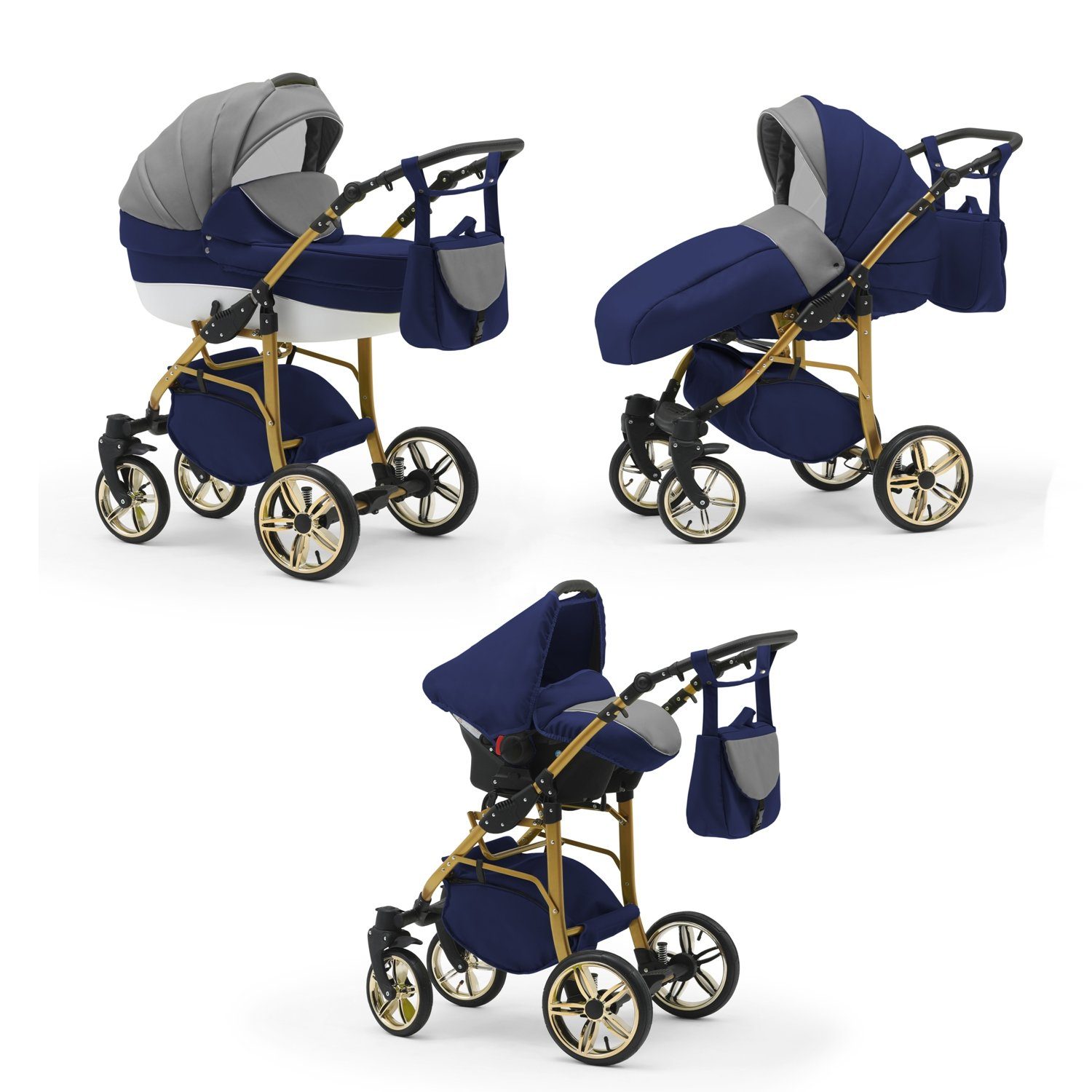 babies-on-wheels Kombi-Kinderwagen 3 in 1 Kinderwagen-Set Cosmo ECO Gold - 16 Teile - in 46 Farben Grau-Navy-Weiß