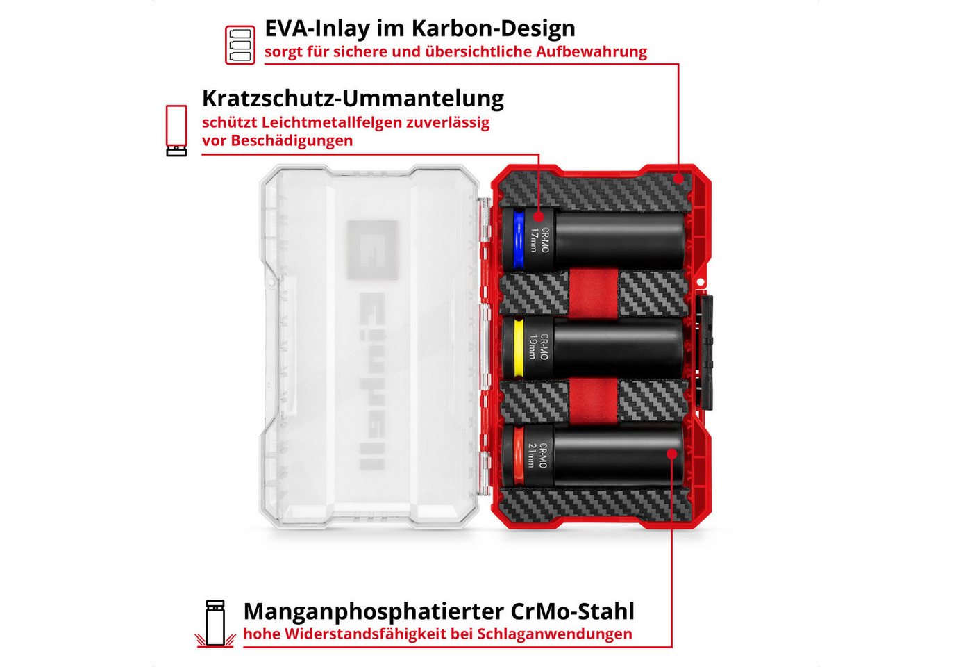 Thumbnail - Einhell Bohrer- und Bit-Set, (3x Stecknüsse (17 / 19 / 21 mm, 80 mm Länge, CrMo-Stahl, manganphosphatiert, Farbcodierung...