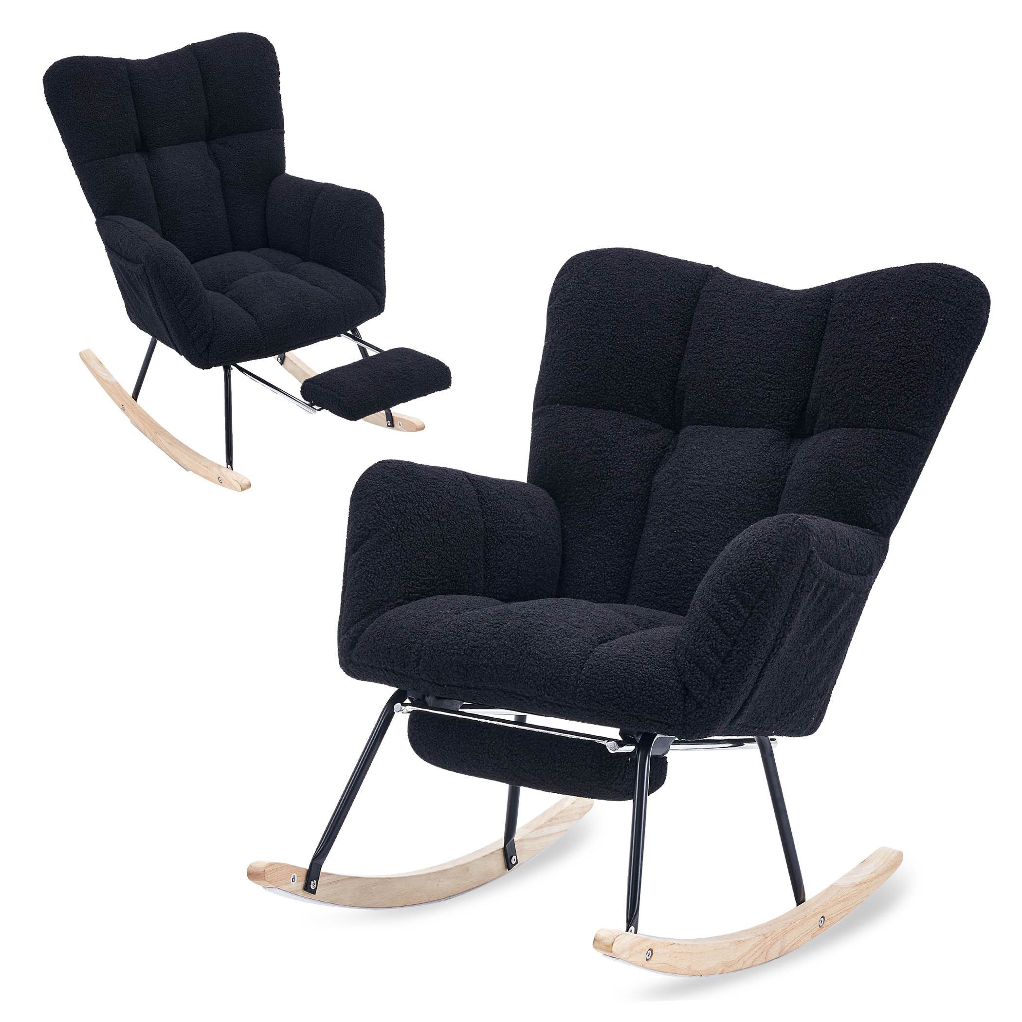 SeedWave Schaukelstuhl Teddy Schaukelsessel Wohnzimmer mit Fußstütze und Seitentasche, Relaxsessel mit Metallrahmen, Massivholzsockel mit Boden Schutzfilz