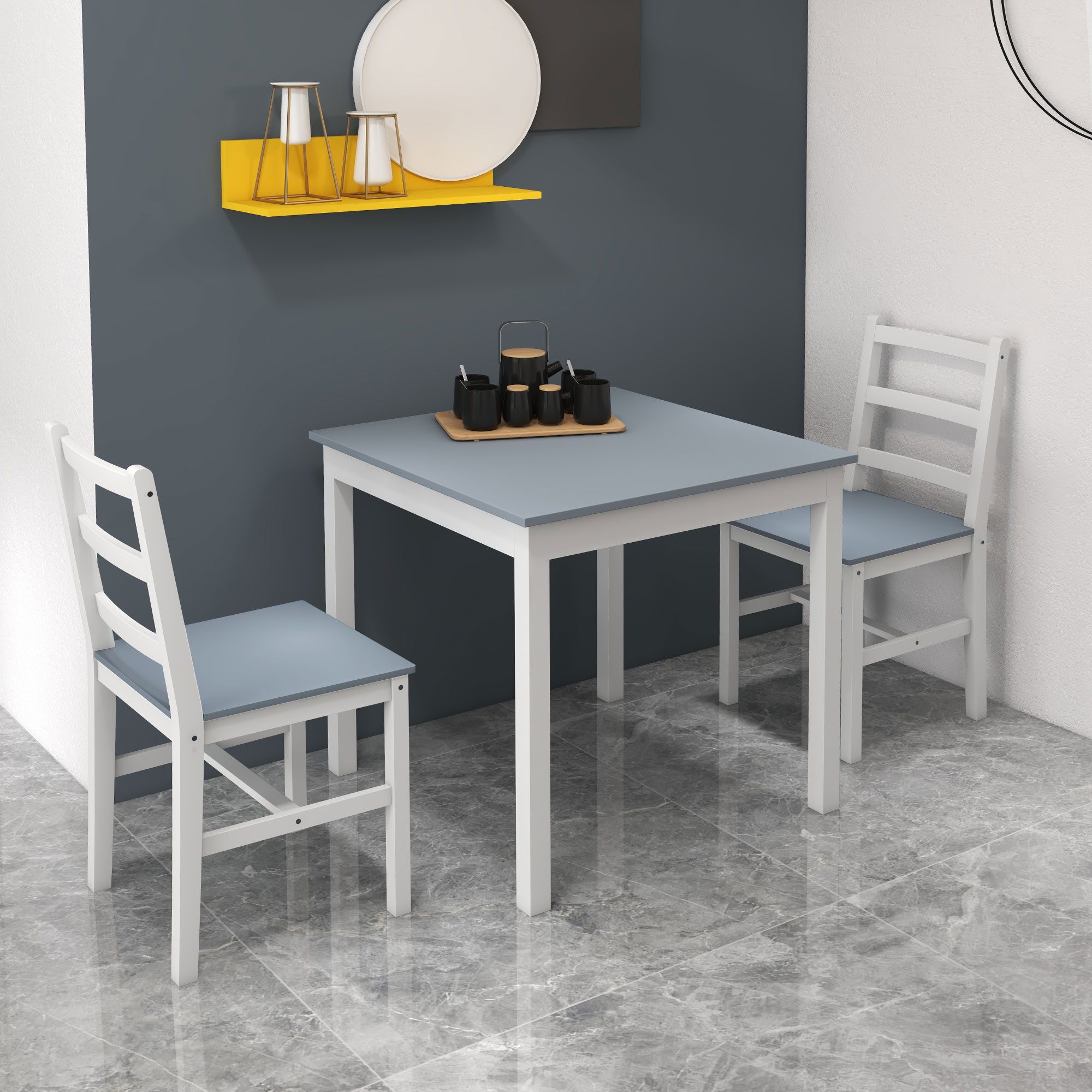 HOMCOM Essgruppe Esstisch mit 2 Stühlen Platzsparend Sitzgruppe Küchentisch-Set, (Tischgruppe, 3-tlg., Esszimmergruppe), für Wohnzimmer, Küche, Grau+Weiß, Kiefernholz
