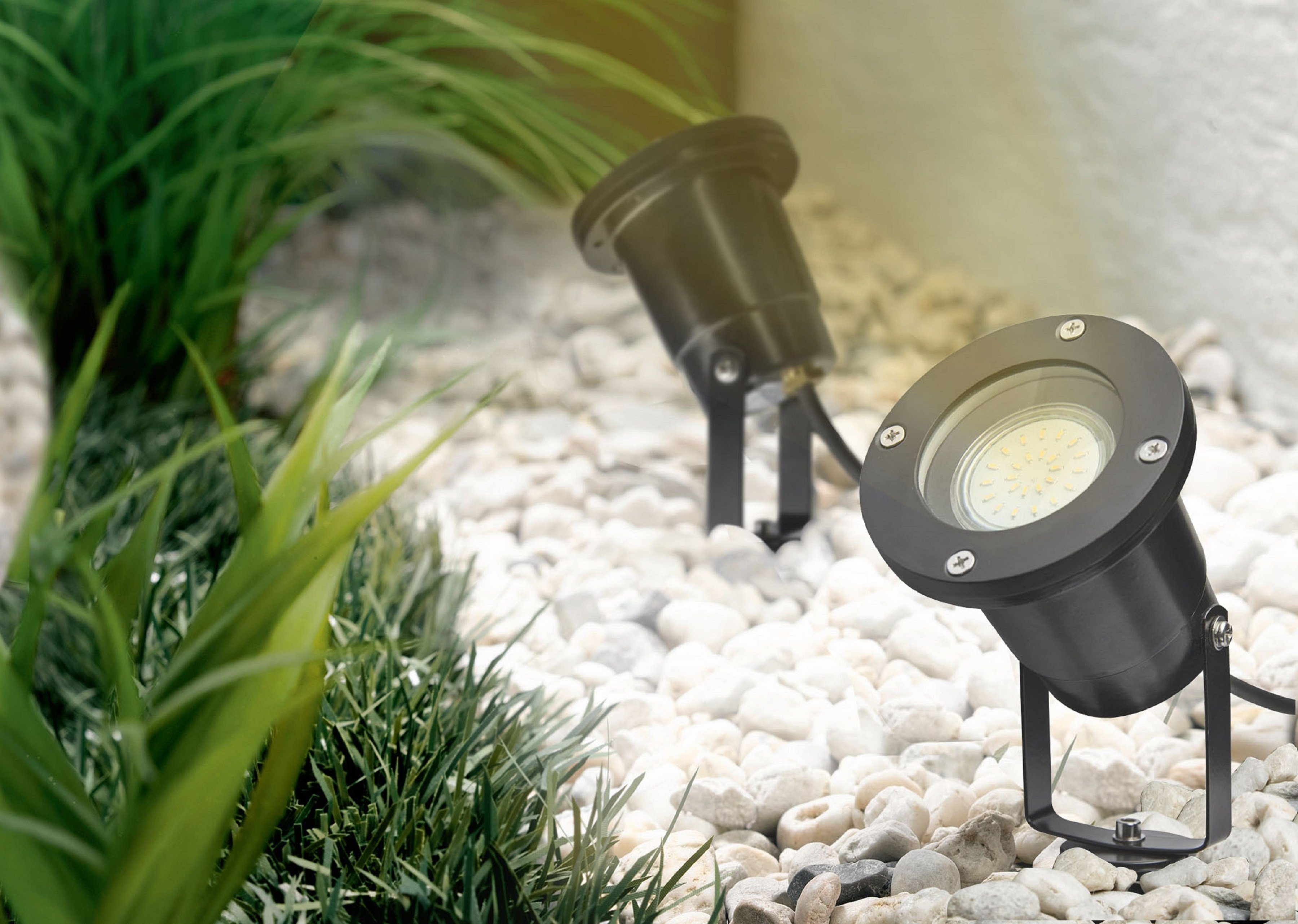 TRANGO LED Gartenstrahler, 2-flammig 3074B Strahler IP65 Außenleuchte *ELLA* inkl. 2x 3 Watt GU10 LED Leuchtmittel – 3000K warmweiß & 2 Meter Zuleitungskabel +1 Meter als Teichstrahler, Gartenlampe, Außenlampe, Wegbeleuchtung