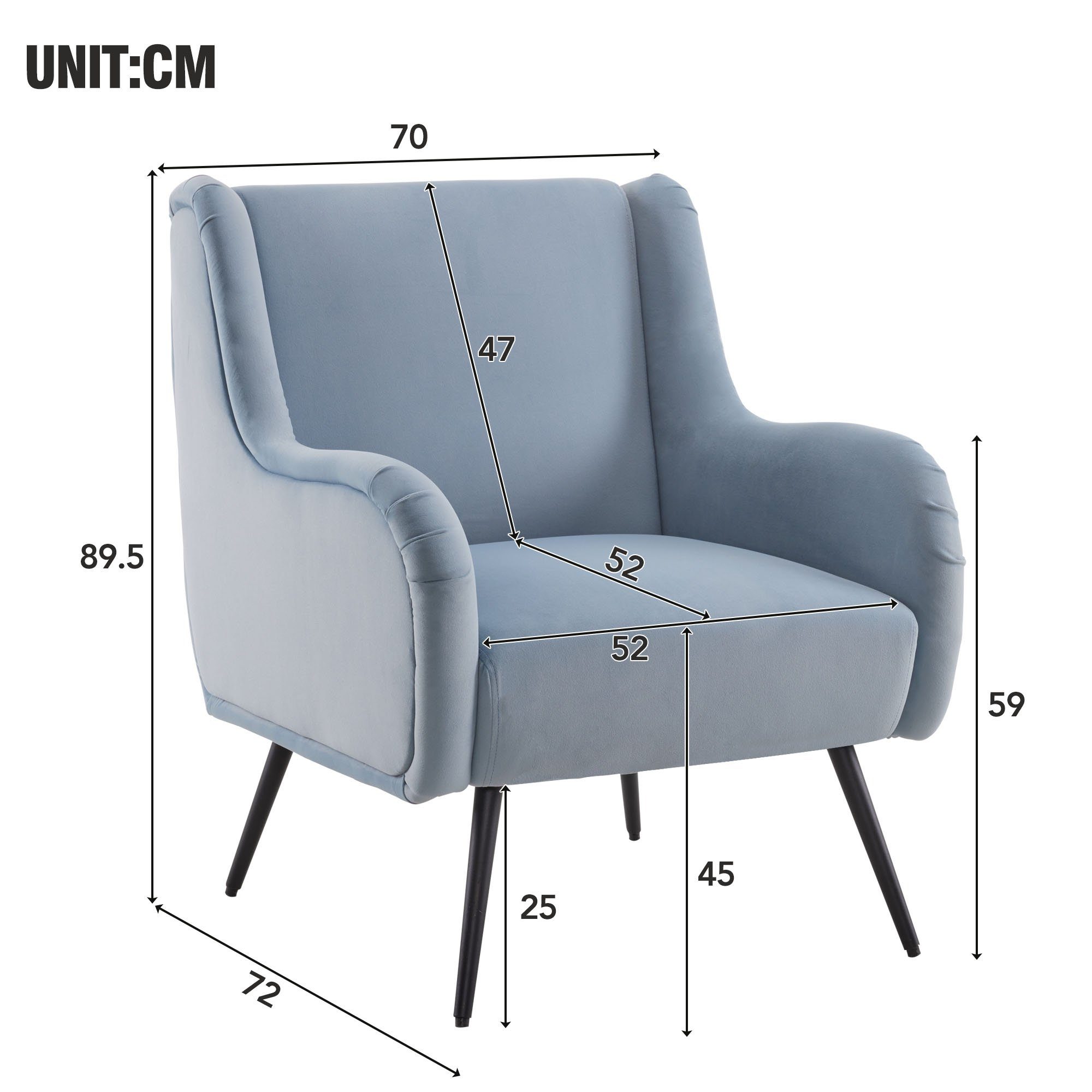 Samtstuhl moderner mit Loungesessel Blau Metallbeinen, 70×89,5×72cm Ulife