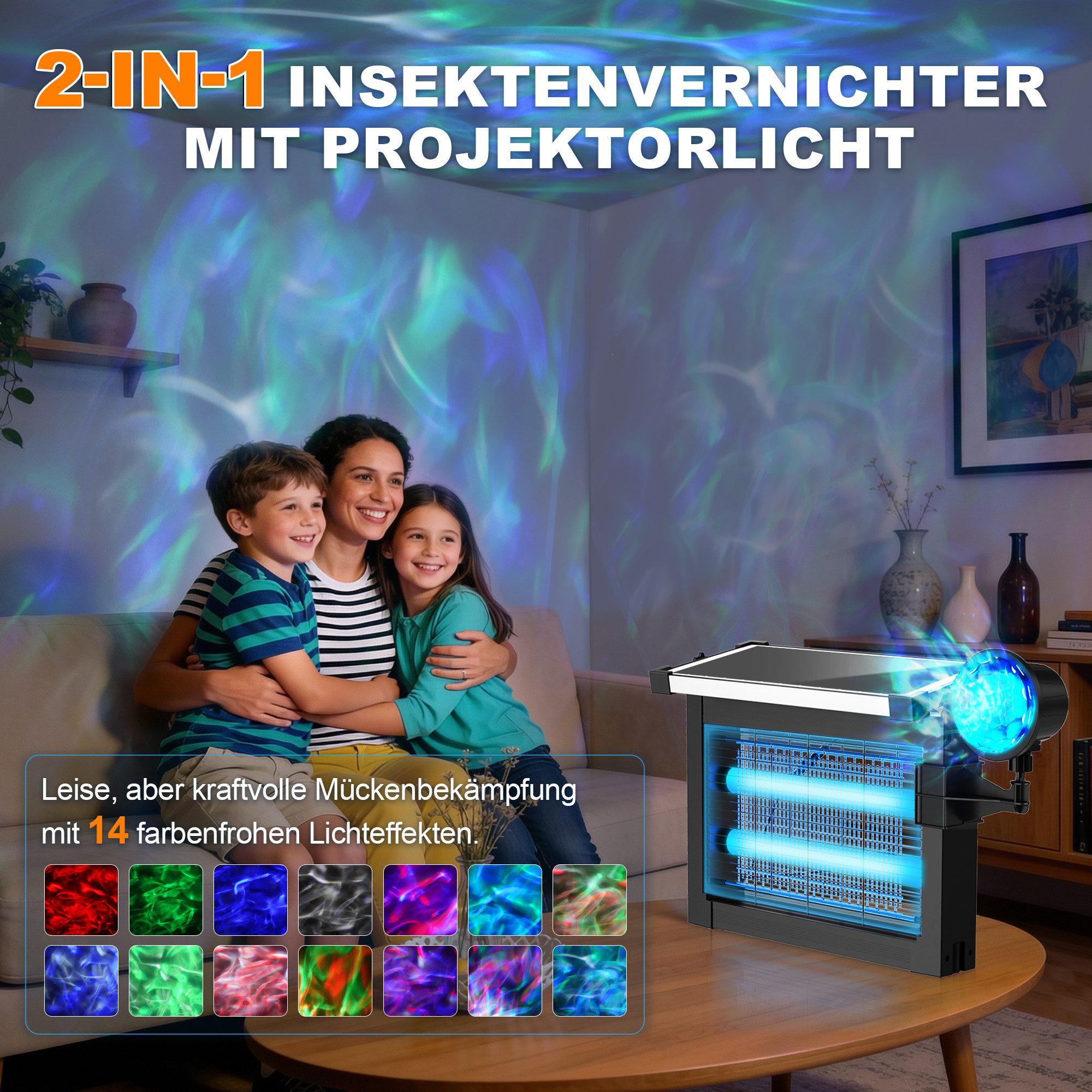 ANYSUN Insektenvernichter Elektrisch mit Projektorlicht, 2-in-1 4500V Mückenlampe mit 4000 mAh wiederaufladbarer Akku