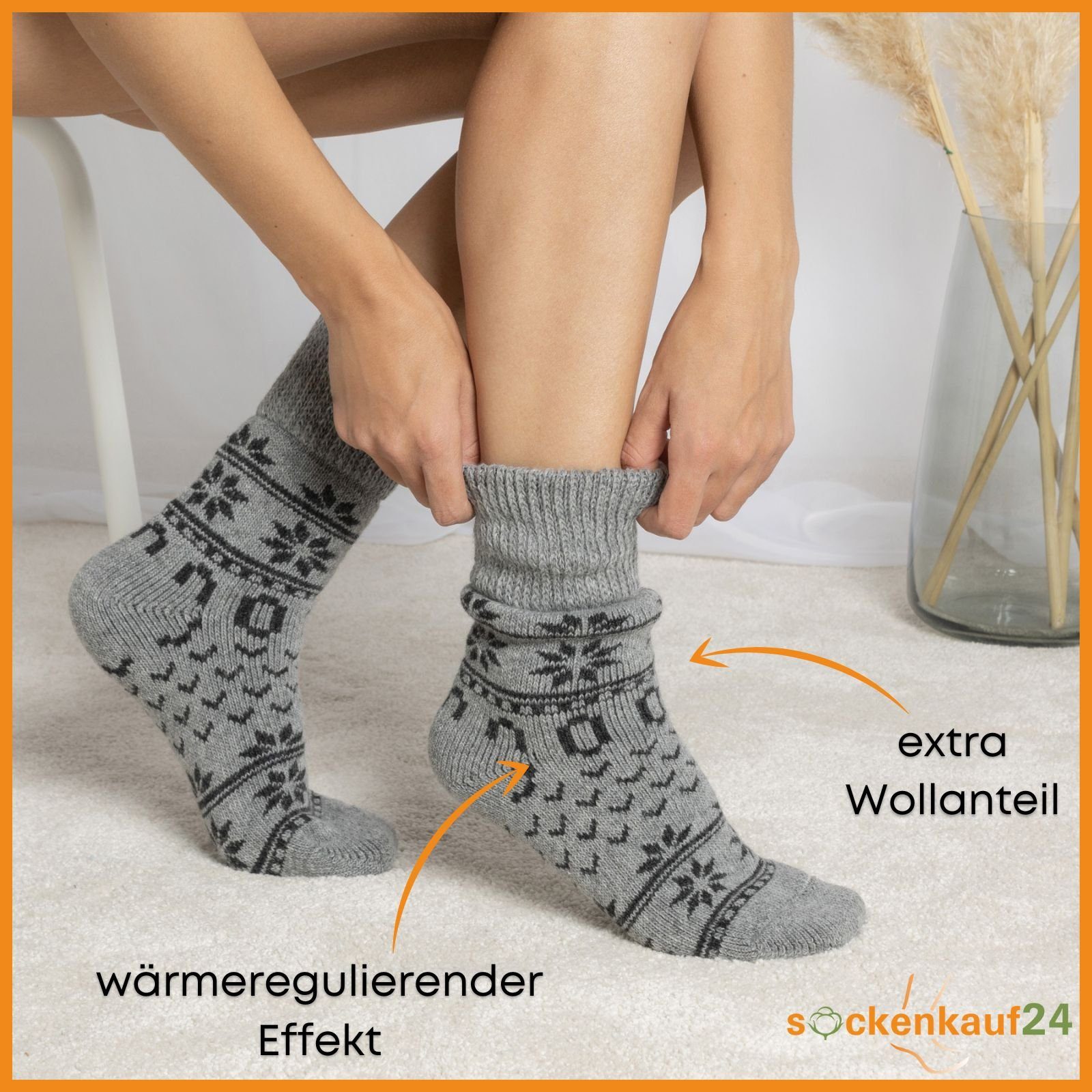 sockenkauf24 Norwegersocken 2 Paar Wintersocken Damen & Herren Kuschelsocken warme Wollsocken (GRAU-ANTHRA, 35-38) Haussocken - 21212 WP