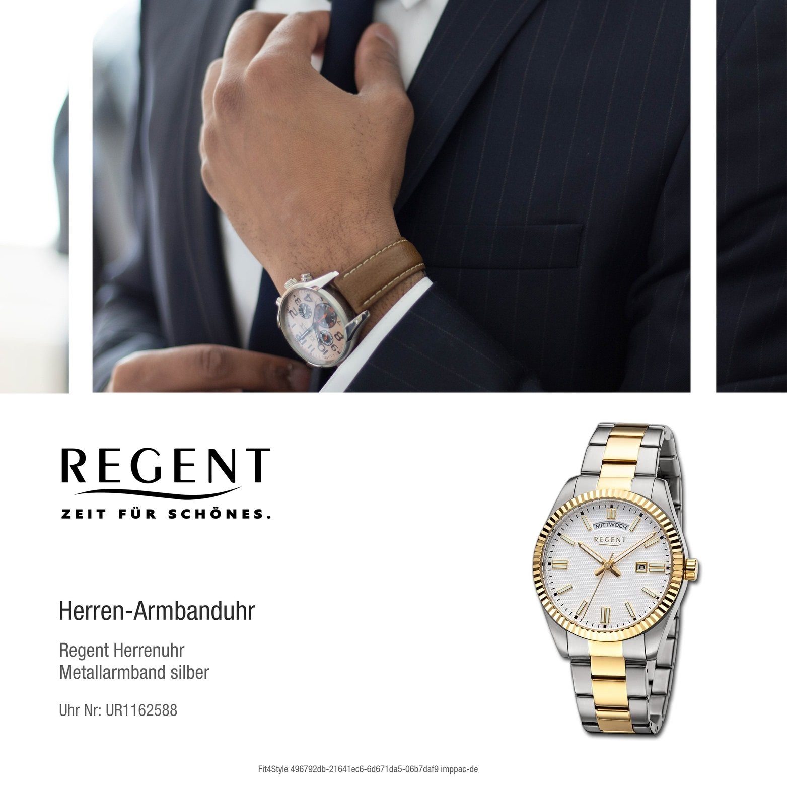 Regent Quarzuhr Regent Herren Armbanduhr Herrenuhr rundes (ca. gold, Analog, groß Metallarmband silber, Gehäuse, 40mm)