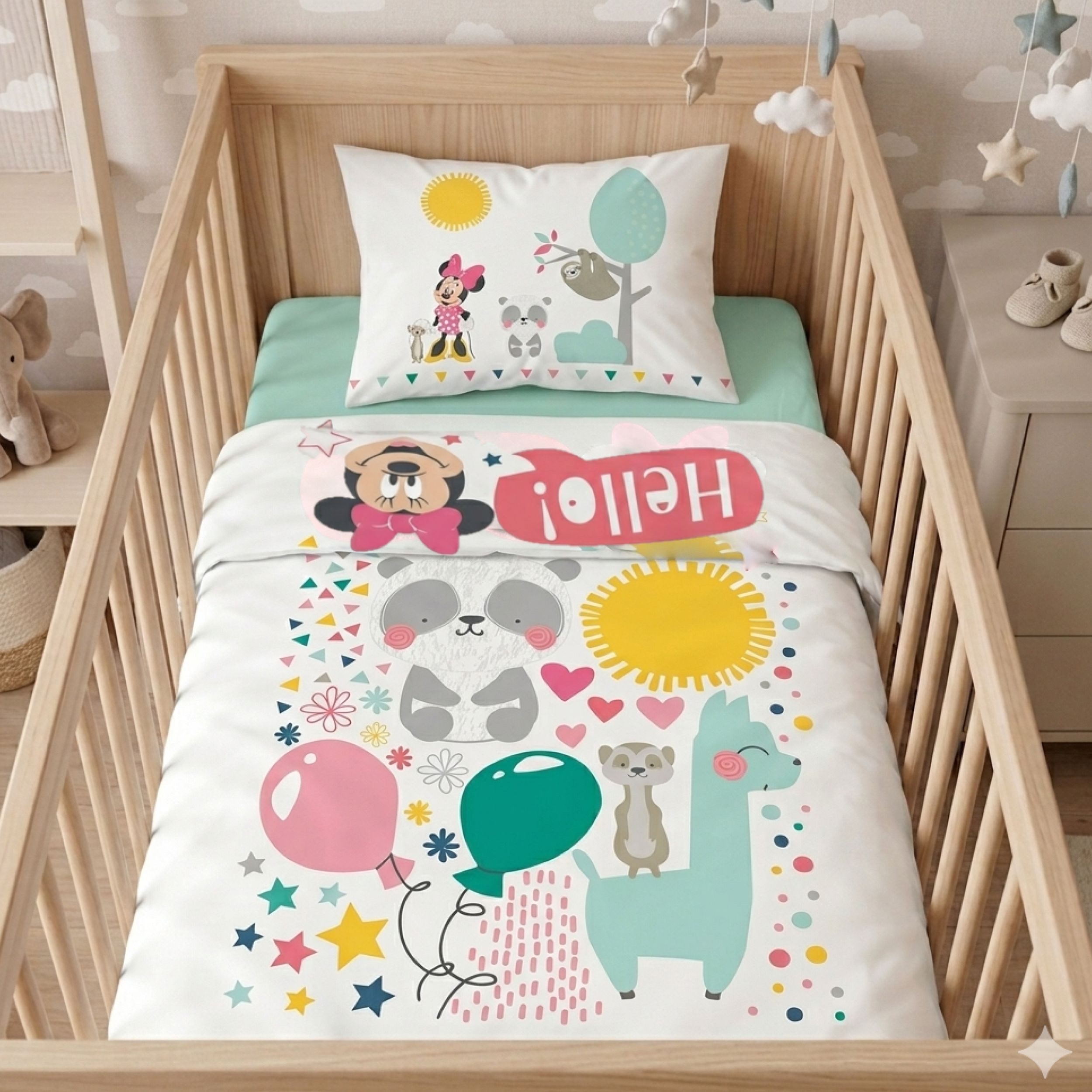 Familando Babybettwäsche 100x135 40x60cm Disney Minnie Maus & Friends Panda Lama & Co., Renforcé, 2 teilig, mit liebevollem Motiv in dezenten Farben