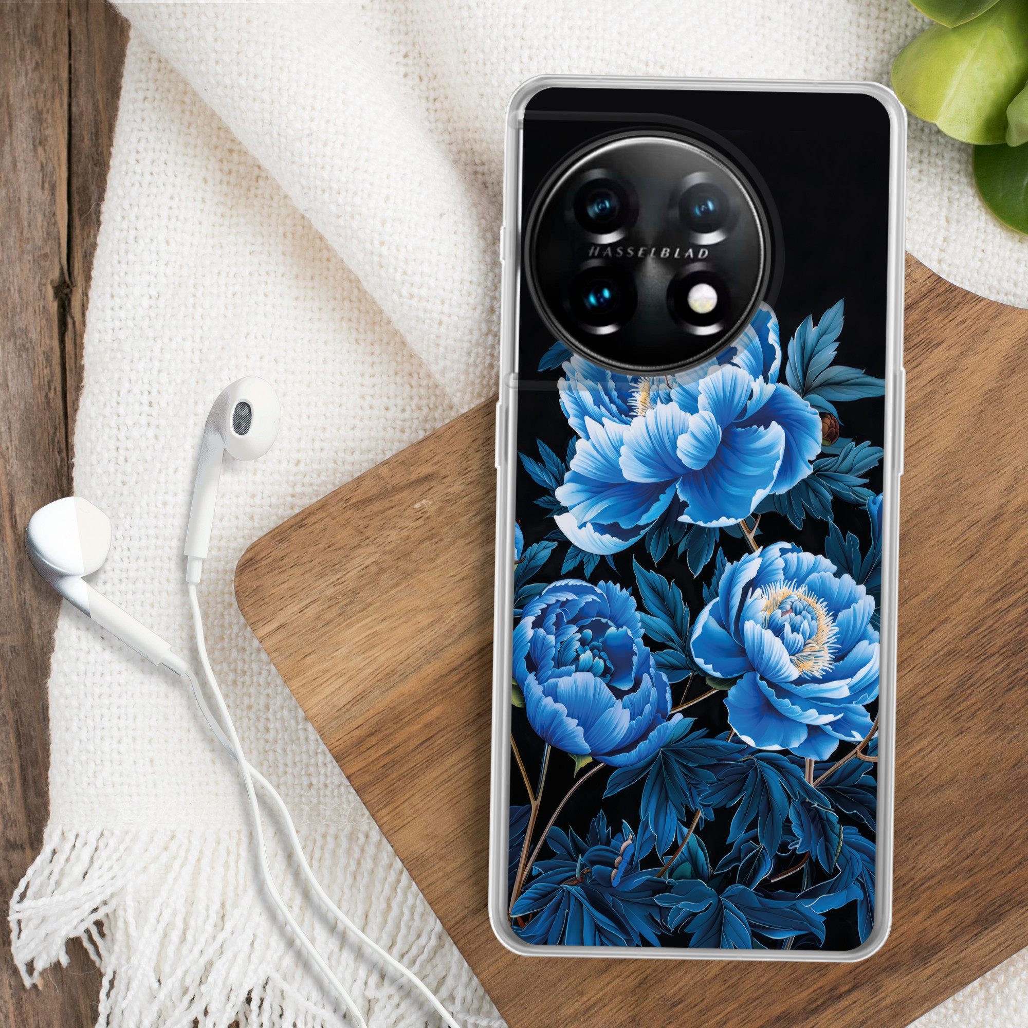 MuchoWow Handyhülle für OnePlus 11 Blumen - Schwarz - Blau - Modern, Handy Case, Silikon, Bumper Case Dünn