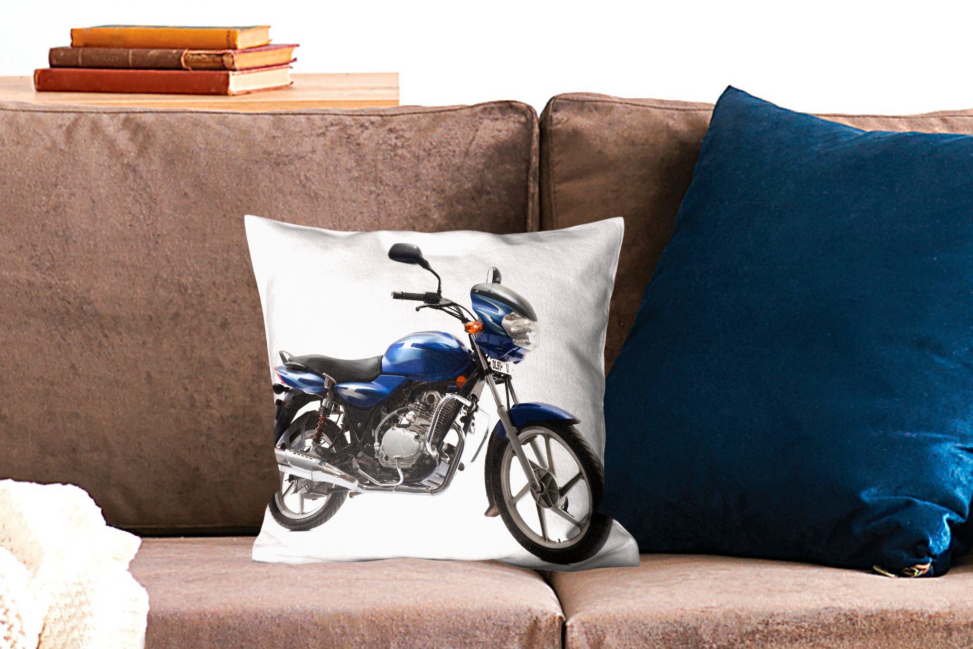 Deko, für blauen Nahaufnahme mit eines Dekokissen Wohzimmer, Schlafzimmer, MuchoWow Füllung Motorrads, Sofakissen Zierkissen