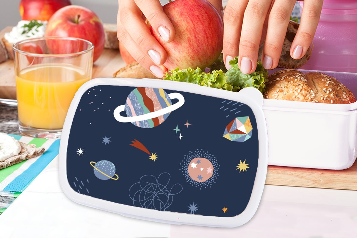 weiß und für Lunchbox - Kinderzimmer Brotbox und Kinder Kunststoff, - (2-tlg), Erwachsene, Planeten, Jungs Mädchen MuchoWow Brotdose, Weltraum für