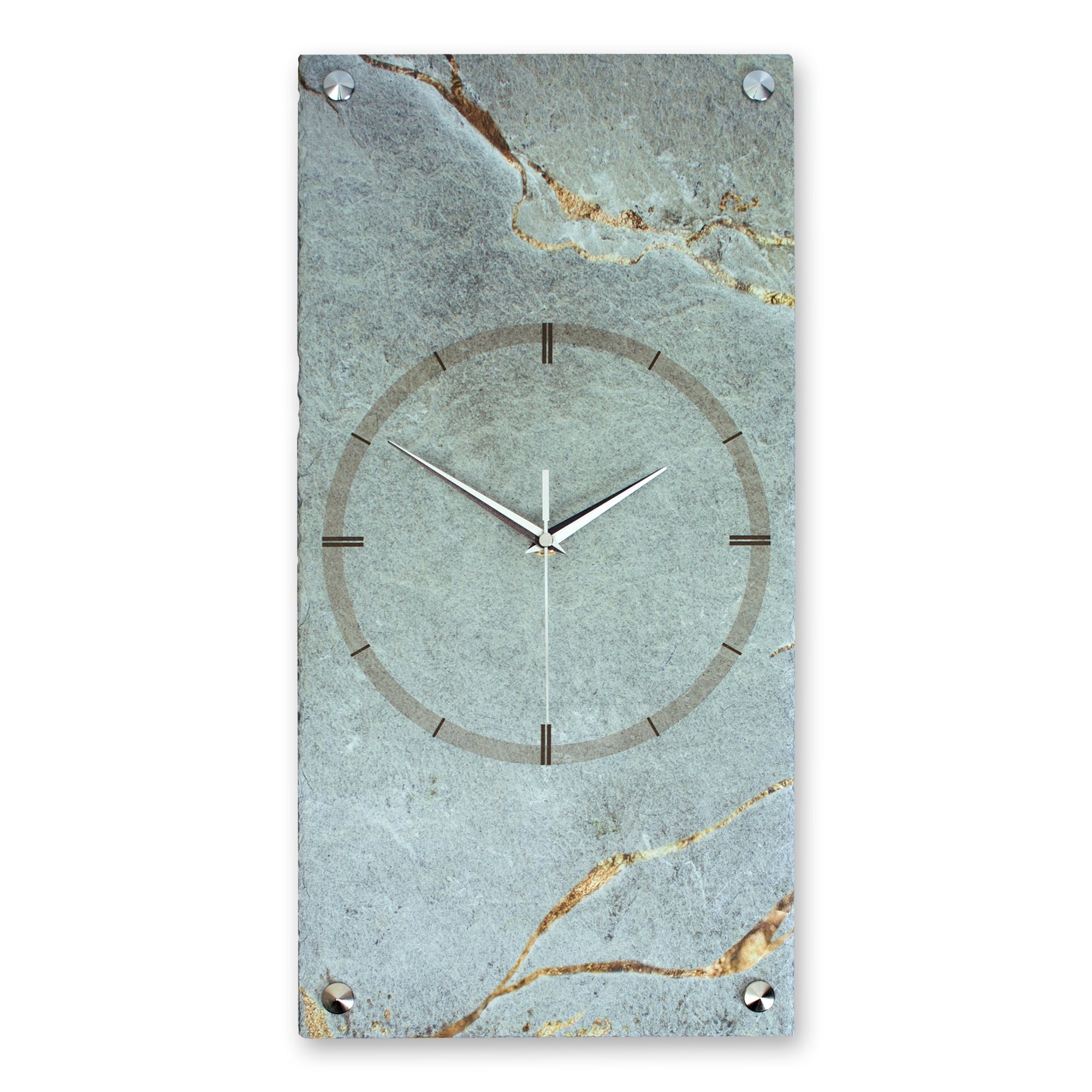 Kreative Feder Wanduhr Designer-Wanduhr „Grey & Gold Stone“ aus Stein (Beton) (Funk- oder Quarzuhrwerk; ohne Ticken; elegant, außergewöhnlich, modern)