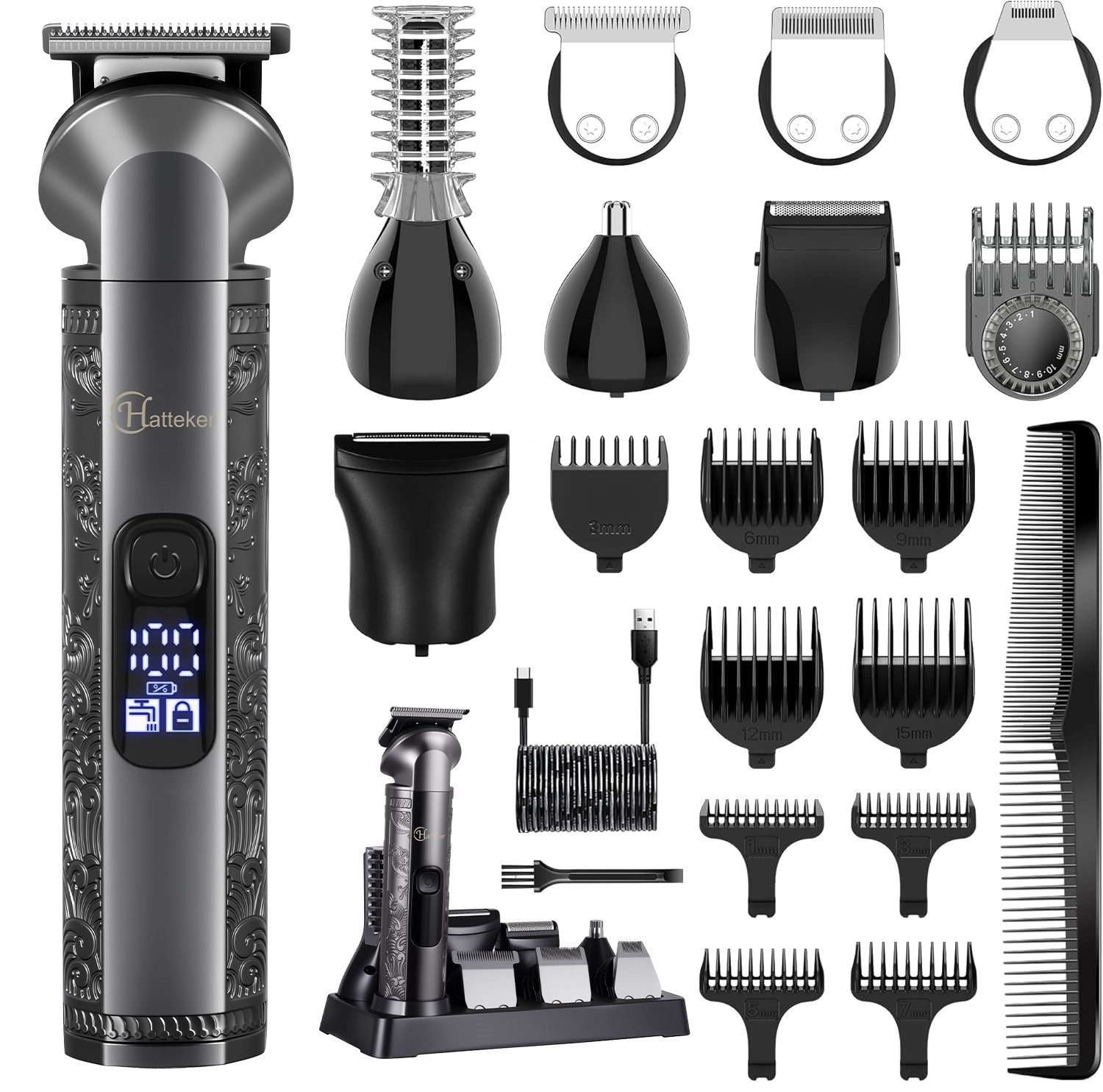 HATTEKER Haarschneider HT-609, Bartschneider, Rasierer, T-Klinge Trimmer, mit Ultra Sharp Klinge 8-in-1