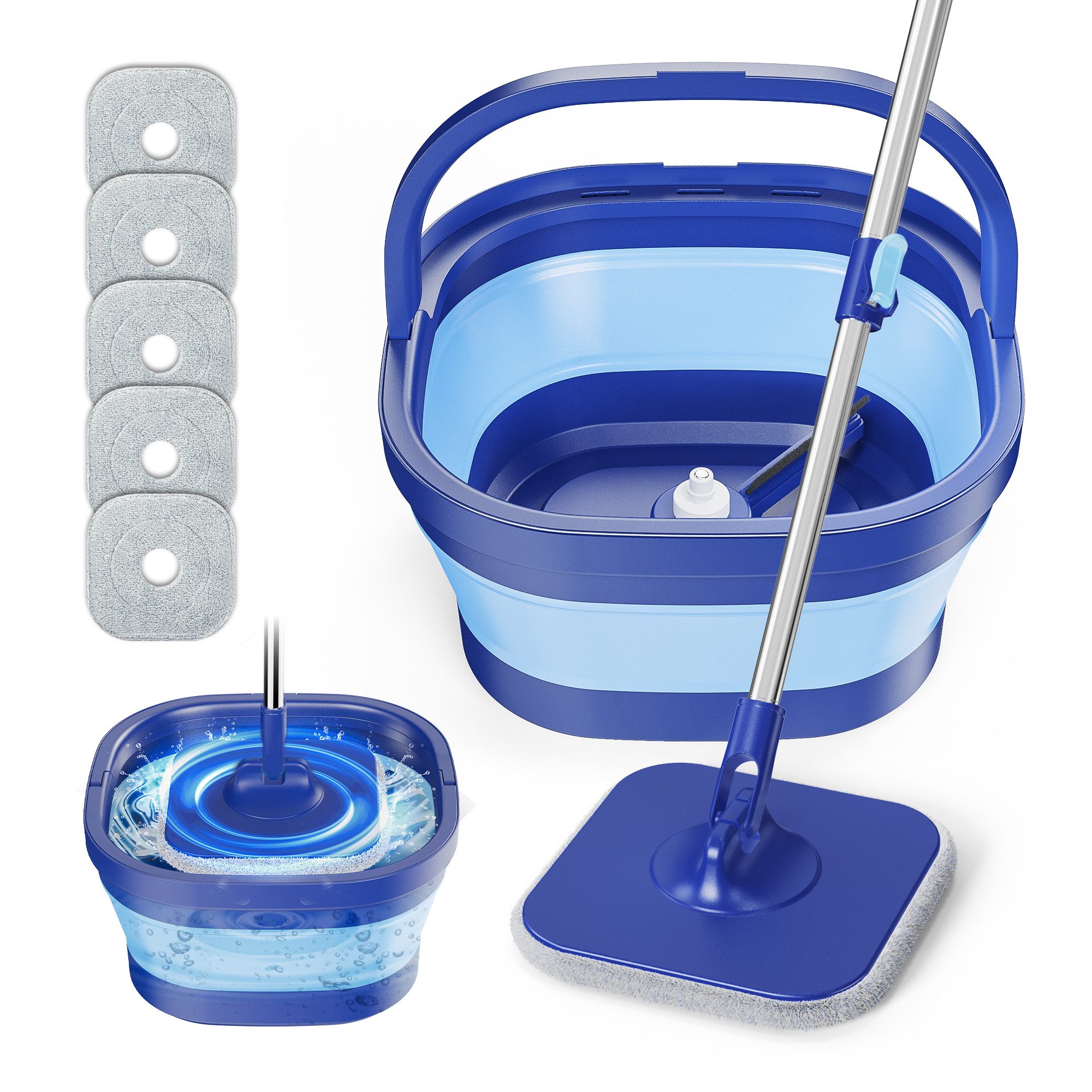 HUGERSTONE Wischmopp Bodenwischer Wischmopp Set mit Faltbarer Eimer, 360° Rotierender Mopp, Wischer Boden mit 5 Waschbaren Mikrofaser Pads für alle Böden