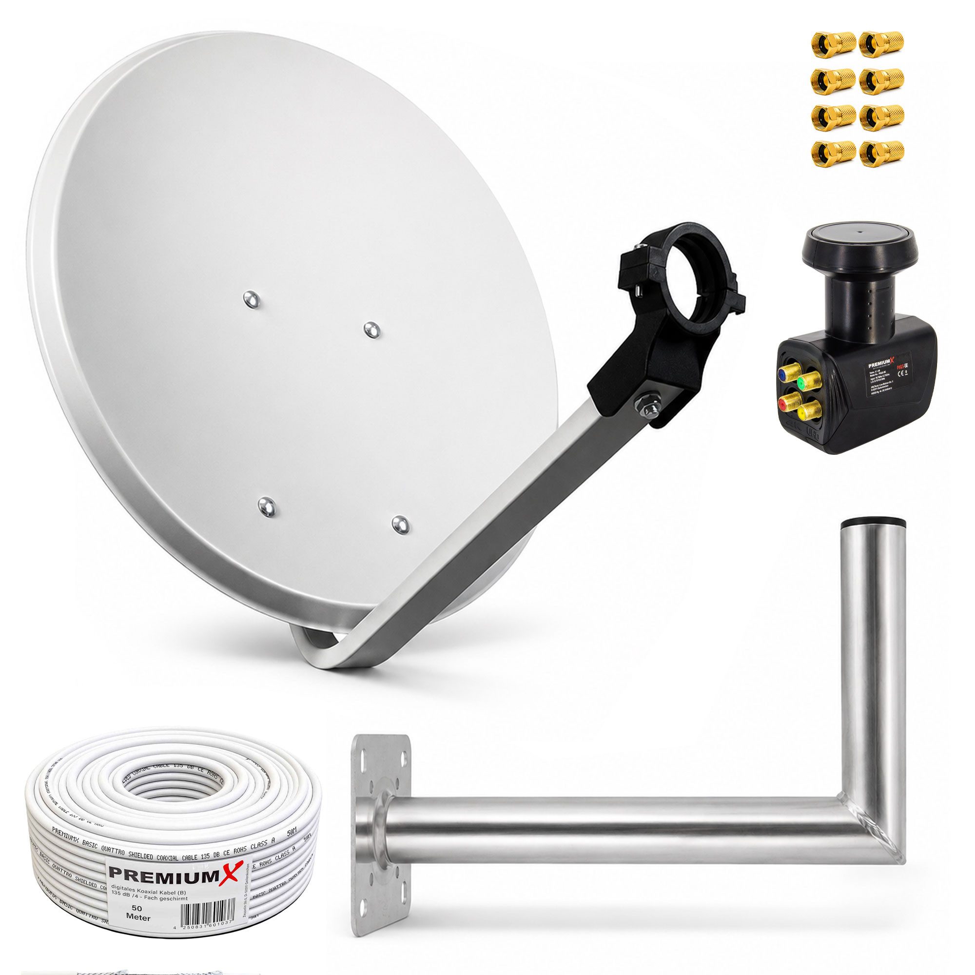 PremiumX SAT Anlage 80cm Antenne Quad LNB 50m Kabel Wandhalter 45cm SAT-Antenne