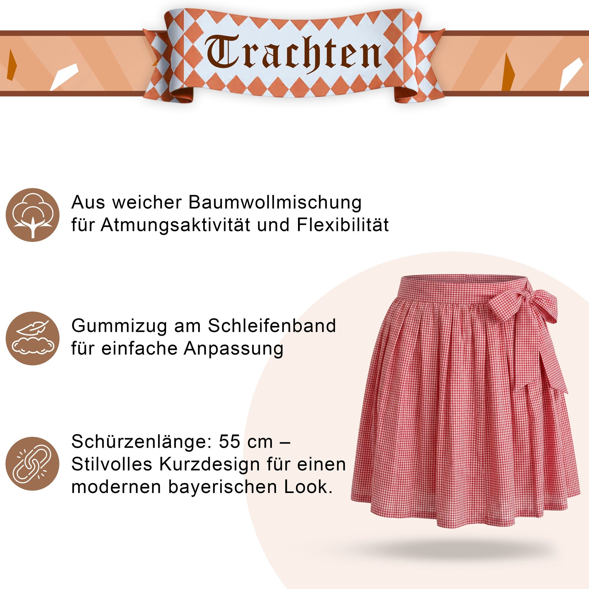 German Wear Dirndlschürze GW1604-1 Rot, Dirndlschürze Trachtenschürze Mini Dirndl Dirndel Rot Kariert – Bild 5 von 5