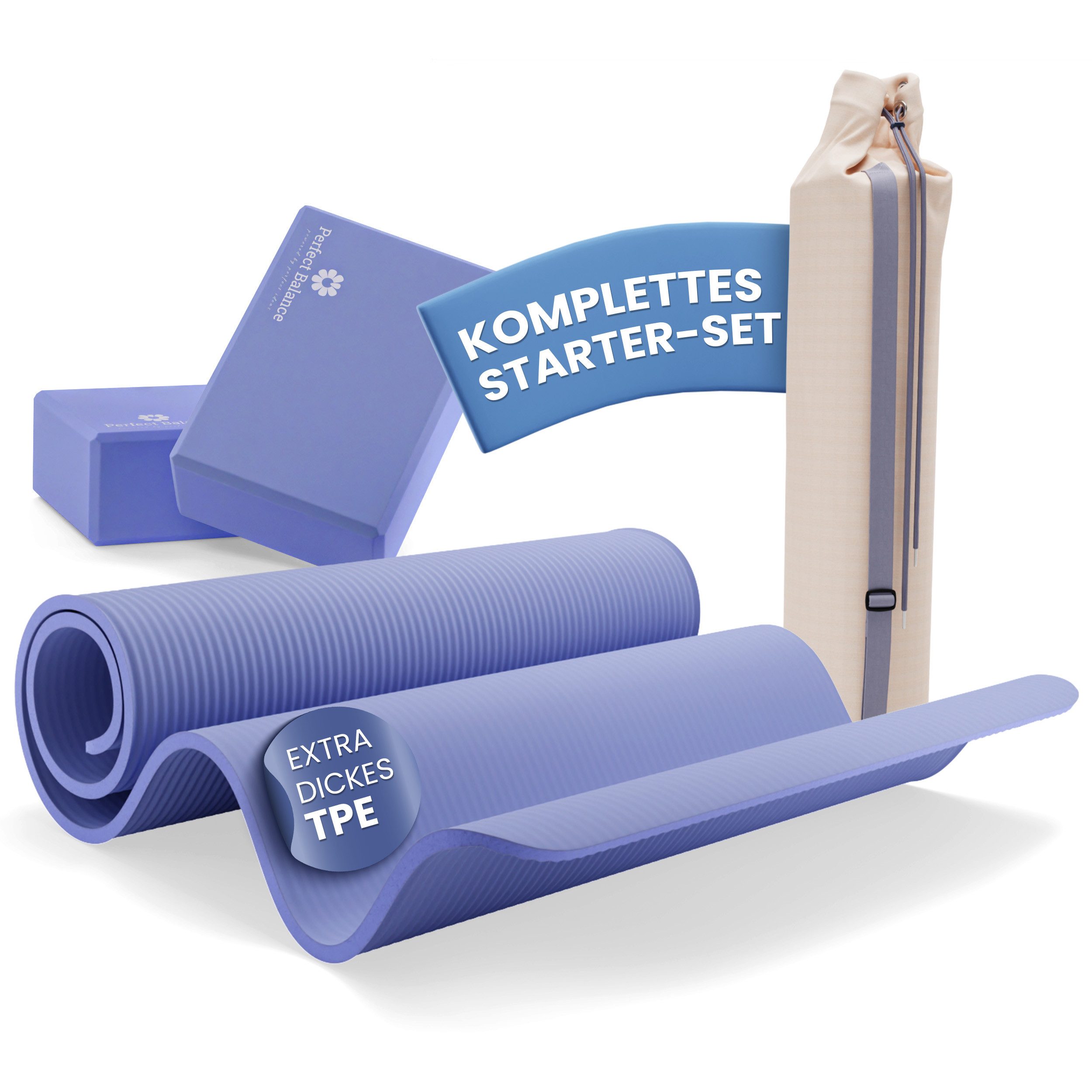 Perfect Balance Yogamatte Yoga Matten Set mit Retro-Baumwolltasche und 2 Blöcken