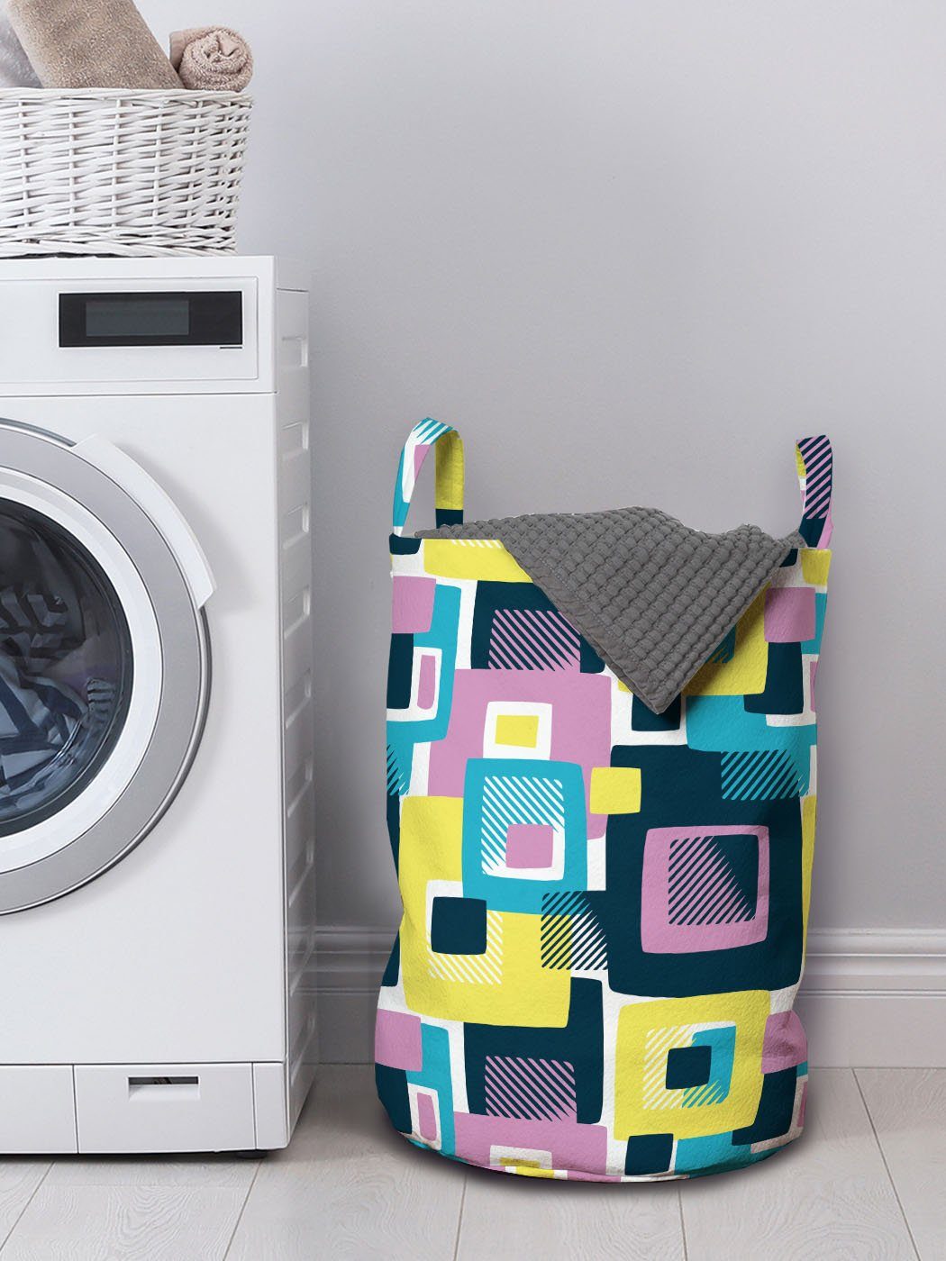 Abakuhaus Wäschesäckchen Wäschekorb mit Griffen Digitale Waschsalons, Kordelzugverschluss Formen Geometrische für Abstrakt