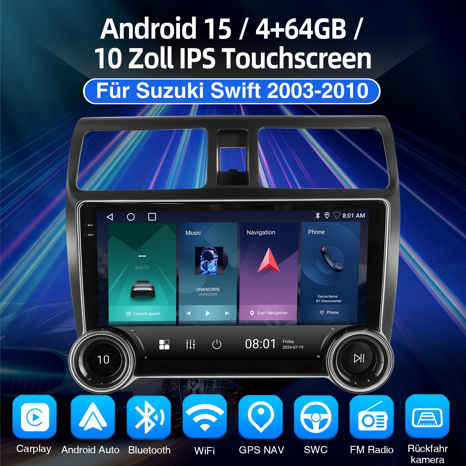 ESSGOO 10" Android15 WiFi GPS Navi RDS Für Suzuki Swift 2003-2010 CarPlay ES5 Autoradio (RDS, 4+64GB(optional), FM, AM, DAB+ (optional), Wireless Apple Carplay & Android Auto,2 DIN,WMA,ASP)
