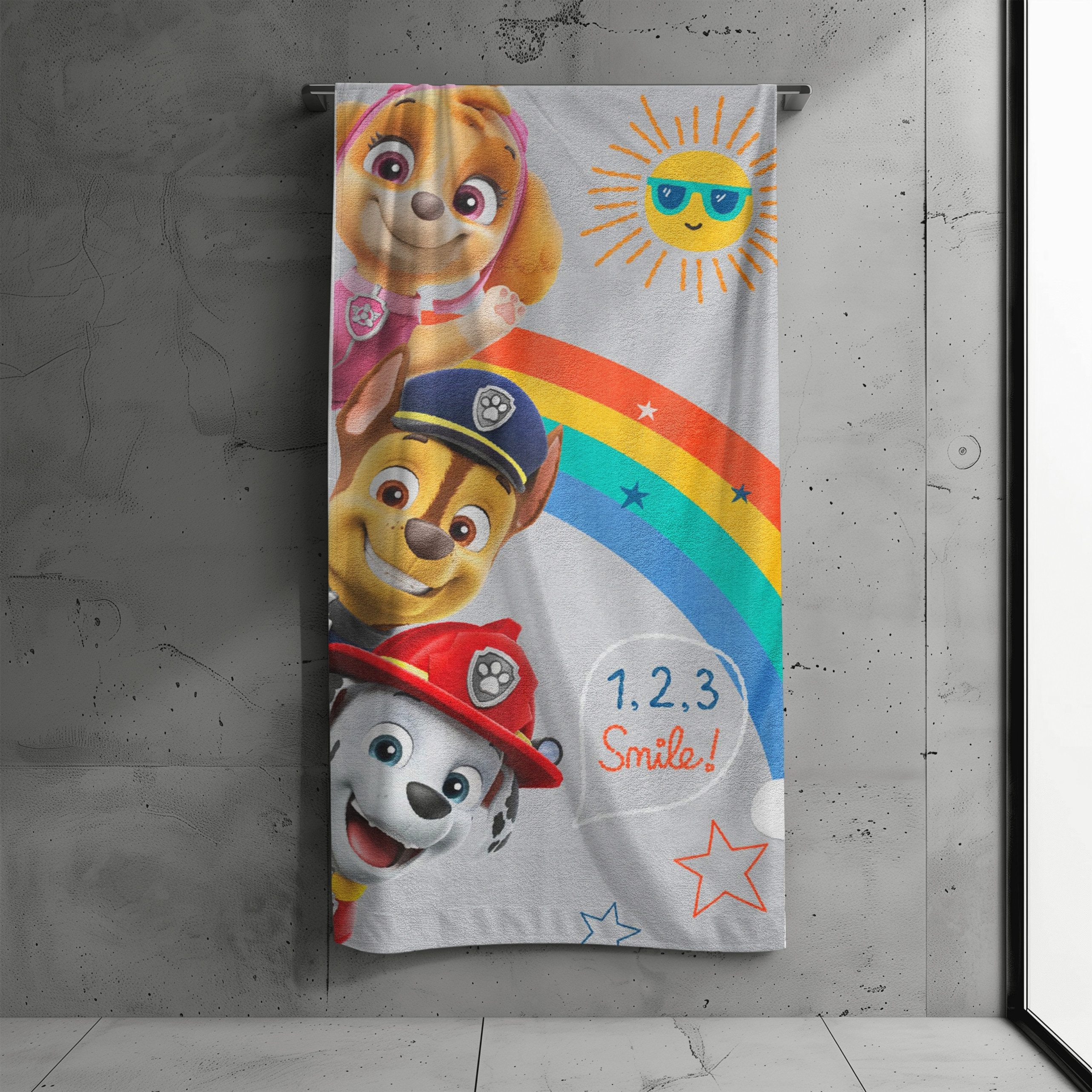 MTOnlinehandel Badetuch Paw Patrol 70x140 cm, 100 %, Baumwolle (1-St), Strandtuch Smile Regenbogen mit Chase, Marshall & Skye für Kinder
