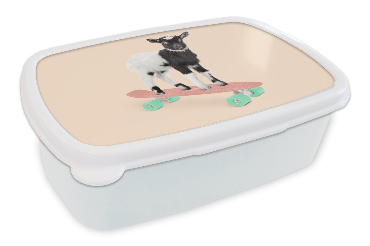 MuchoWow Lunchbox Ziege - Schwarz - Skateboard - Weiß - Tiere, Kunststoff, (2-tlg), Brotbox für Kinder und Erwachsene, Brotdose, für Jungs und Mädchen
