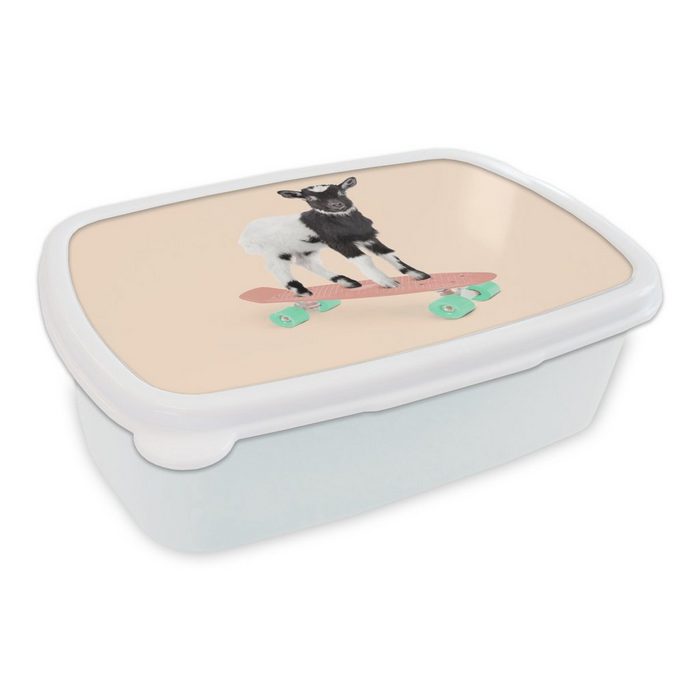 MuchoWow Lunchbox Ziege - Schwarz - Skateboard - Weiß - Tiere Kunststoff (2-tlg) Brotbox für Kinder und Erwachsene Brotdose für Jungs und Mädchen