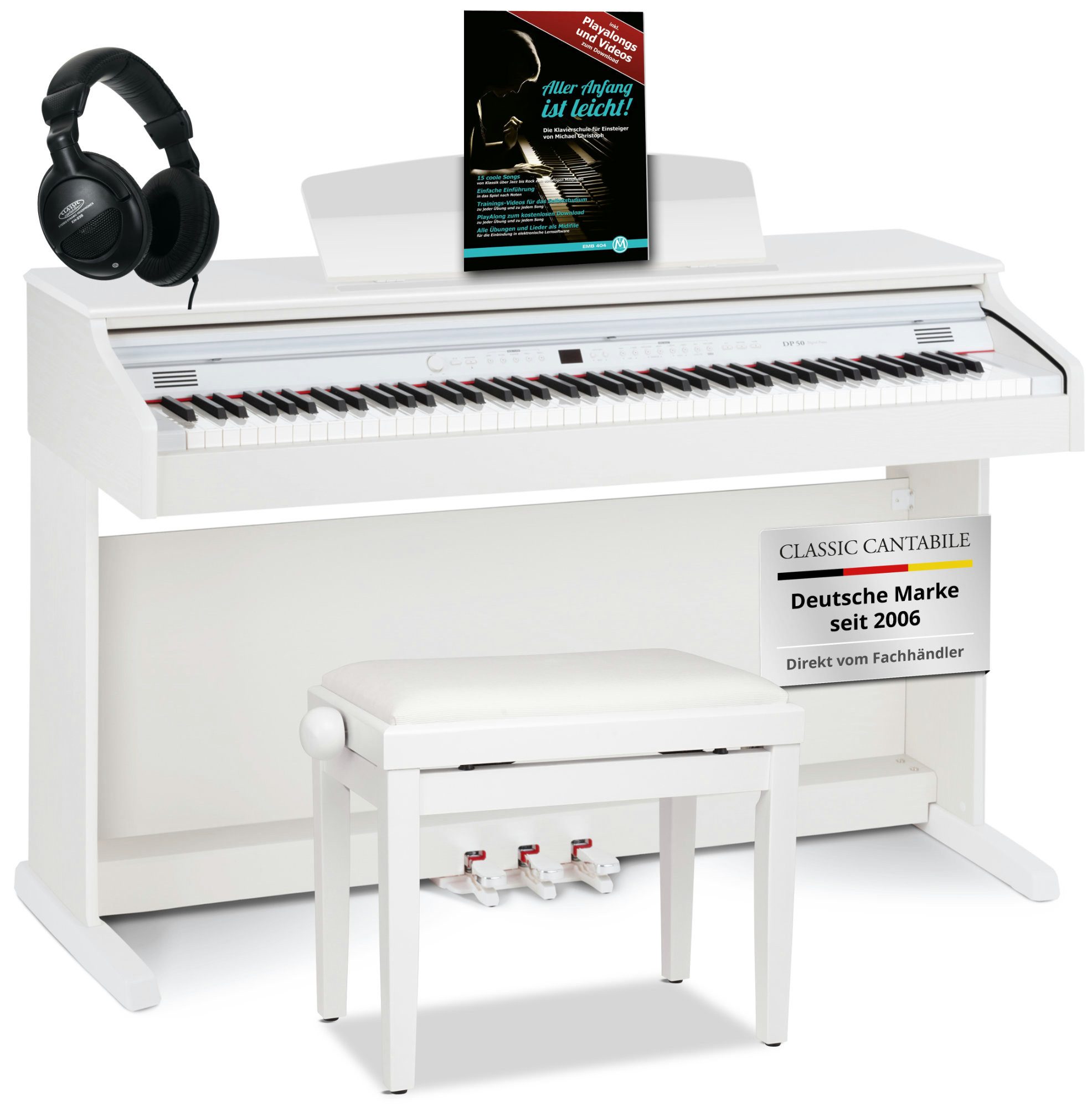 Classic Cantabile Digitalpiano DP-50 E-Piano Set mit 88 Tasten Hammermechanik (Spar-Set, inkl. Klavierbank, Kopfhörer & Schule), Klavier, Layer-, Split-, Twin-Piano- und Aufnahmefunktion