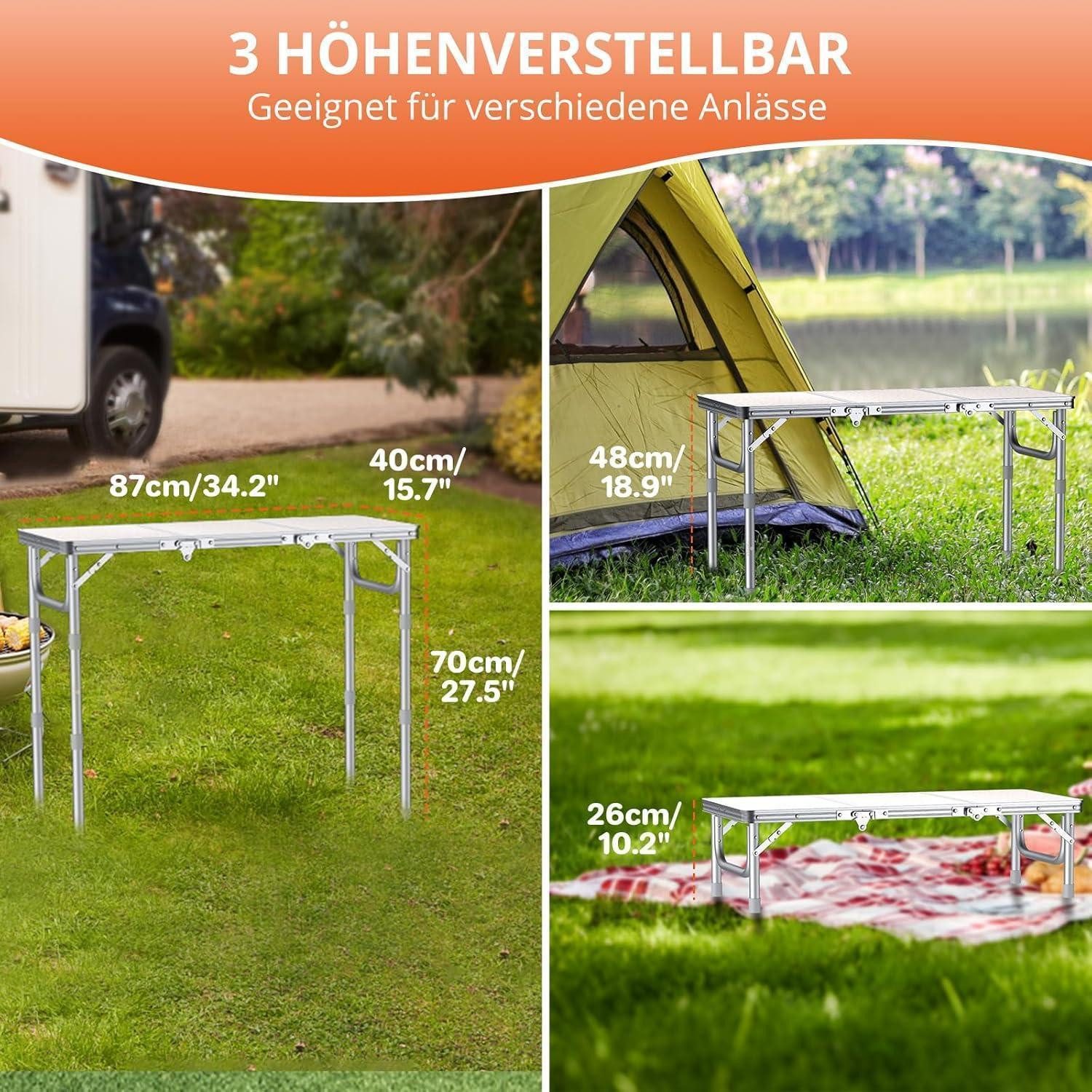 LuxusKollektion Campingtisch Campingtisch klappbar 3 Höhen Aluminium 87x40cm(3 Höhen) Silber