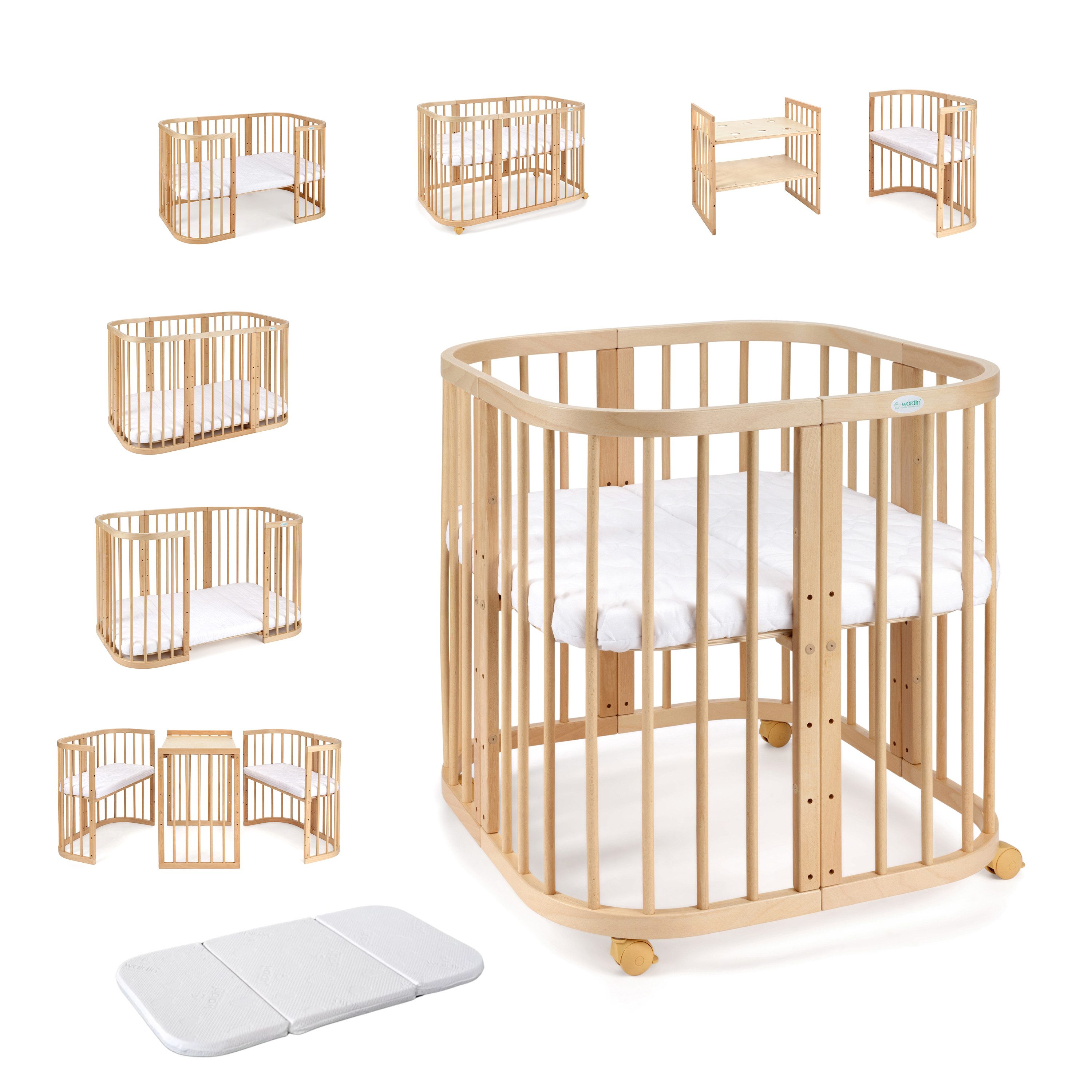 Waldin Babybett Mobiles Babybett aus Holz 7in1 mit Matratze, mitwachsend