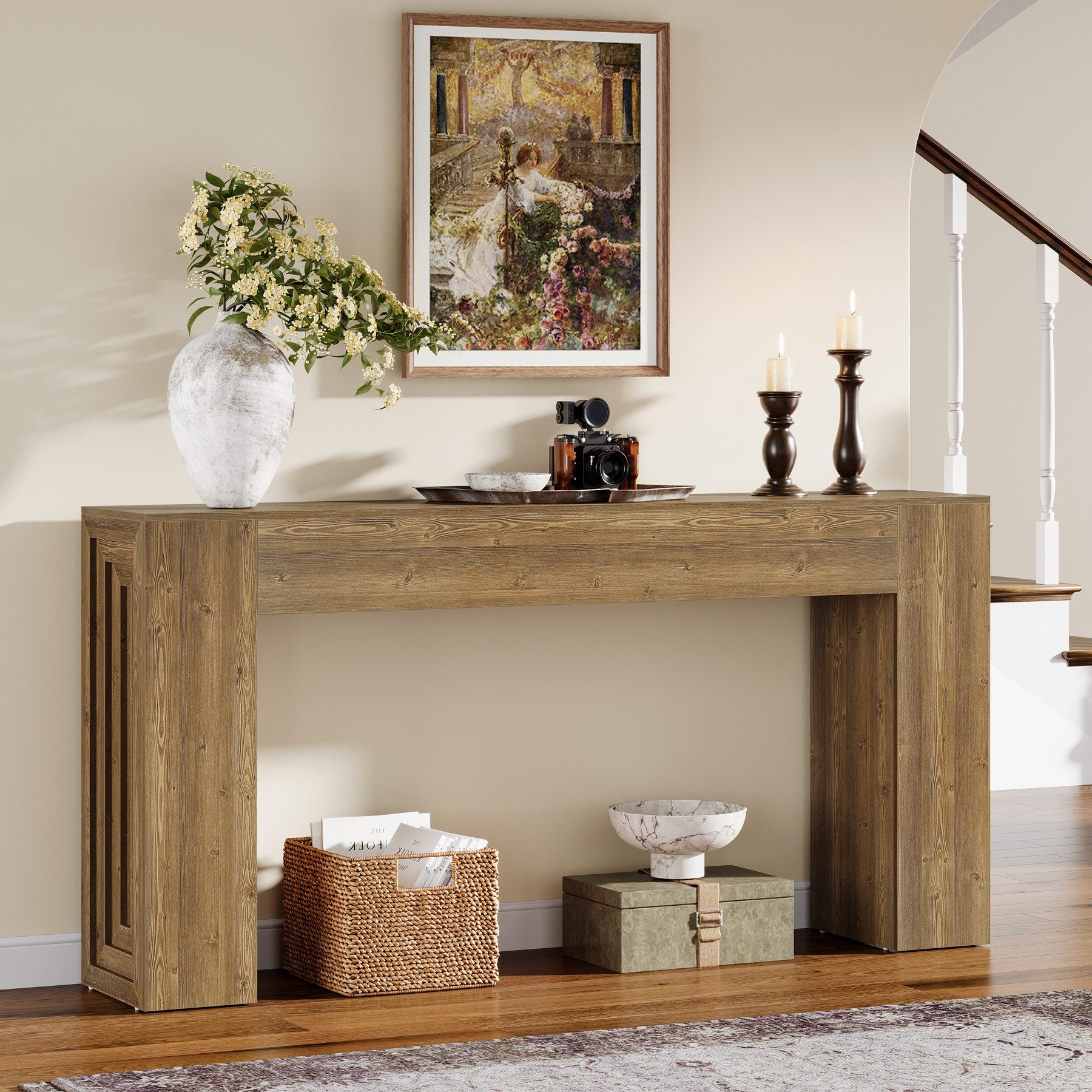 HollyHOME Schmaler Konsolentisch 74,9 Cm | Rustikales Braun | Mit Metallrahmen | Perfekt Für Flur, Schlafzimmer & Wohnzimmer