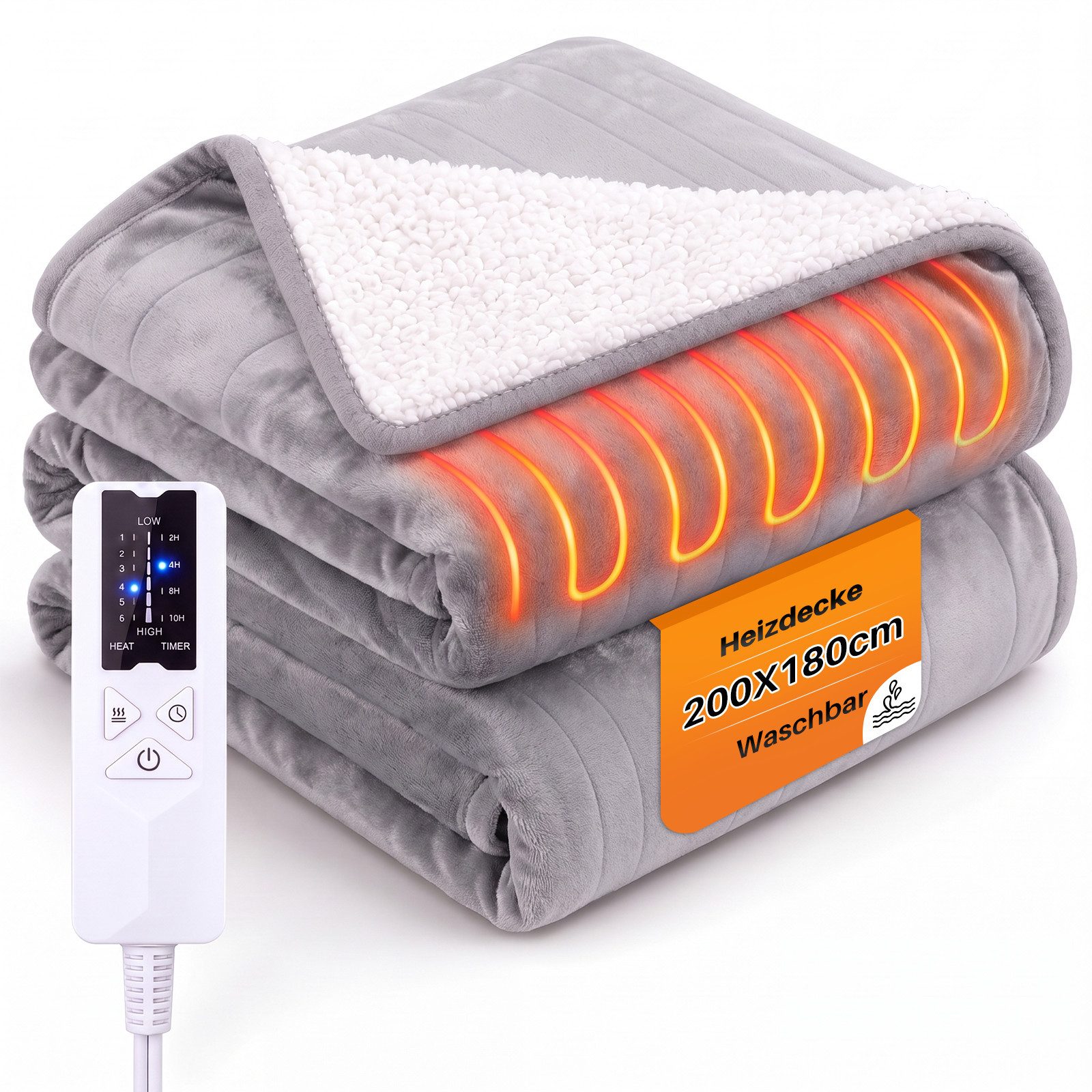 Nettlife Heizdecke Elektrisch hellgrau Überhitzungsschutz,6 Temperaturstufen,2–10H Timer, für das Bett das Sofa und beim Camping( 200x180 cm/180x130cm) , Zeitschaltuhr & waschbar bei 30 °C
