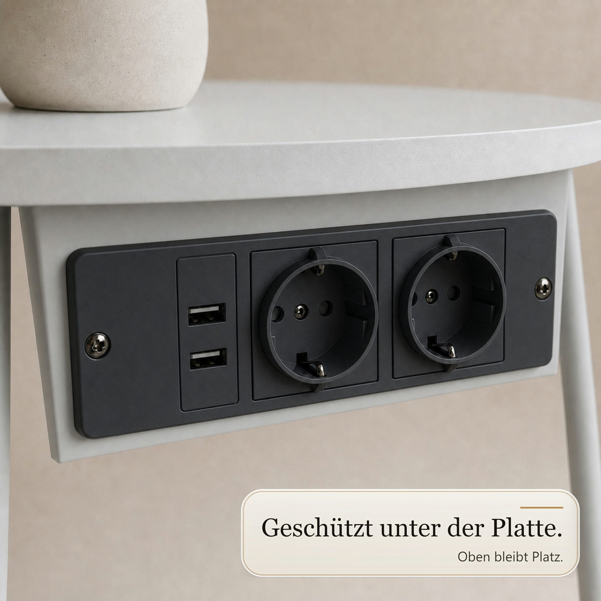 Floordirekt Couchtisch Dario Runder mit 2 Steckdosen A Stauraumkorb 2 USB 4 Farben (Einzelartikel), Integrierte Stromanschlüsse und USB-Ports – Bild 3 von 5