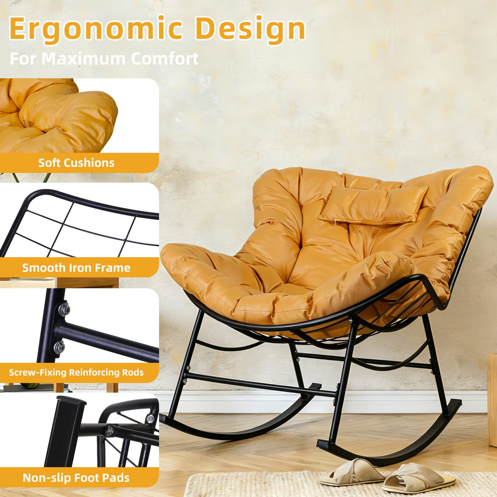 CCLIFE Schaukelstuhl Schaukelsessel Wohnzimmer Relaxstuhl Kopfstütze, Bis 150kg