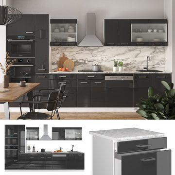 Livinity® Küchenzeile R-Line, Anthrazit Hochglanz/Weiß, 350 cm mit Hochschrank, AP Anthr...
