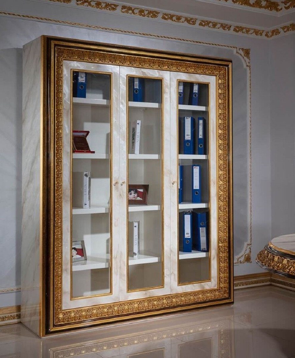 - / Barock Gold Edel Barock Luxus Büro Schrank - Bücherschrank Handgefertigte Prunkvoll Möbel Massivholz Padrino Casa & Dunkelbraun 3 Prunkvoller / Glastüren - Stauraumschrank Weiß mit