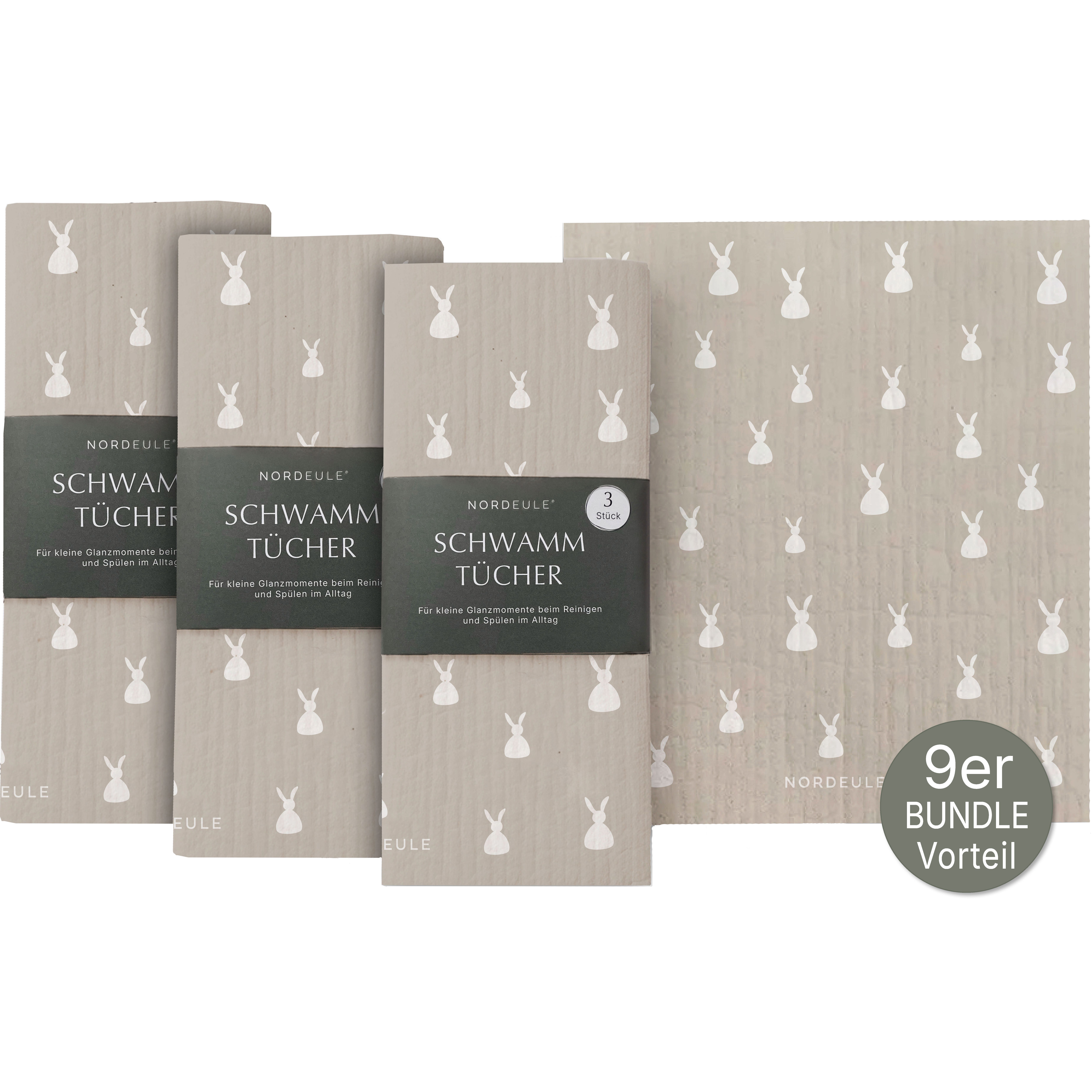 NORDEULE Osterhasen Muster in Beige Reinigungstuch (70 % Holz-Zellulose, 30 % Baumwolle, Set, 9-tlg., ideales Geschenk zu Ostern, im Osternest, Briefpost, Aufmerksamkeit)