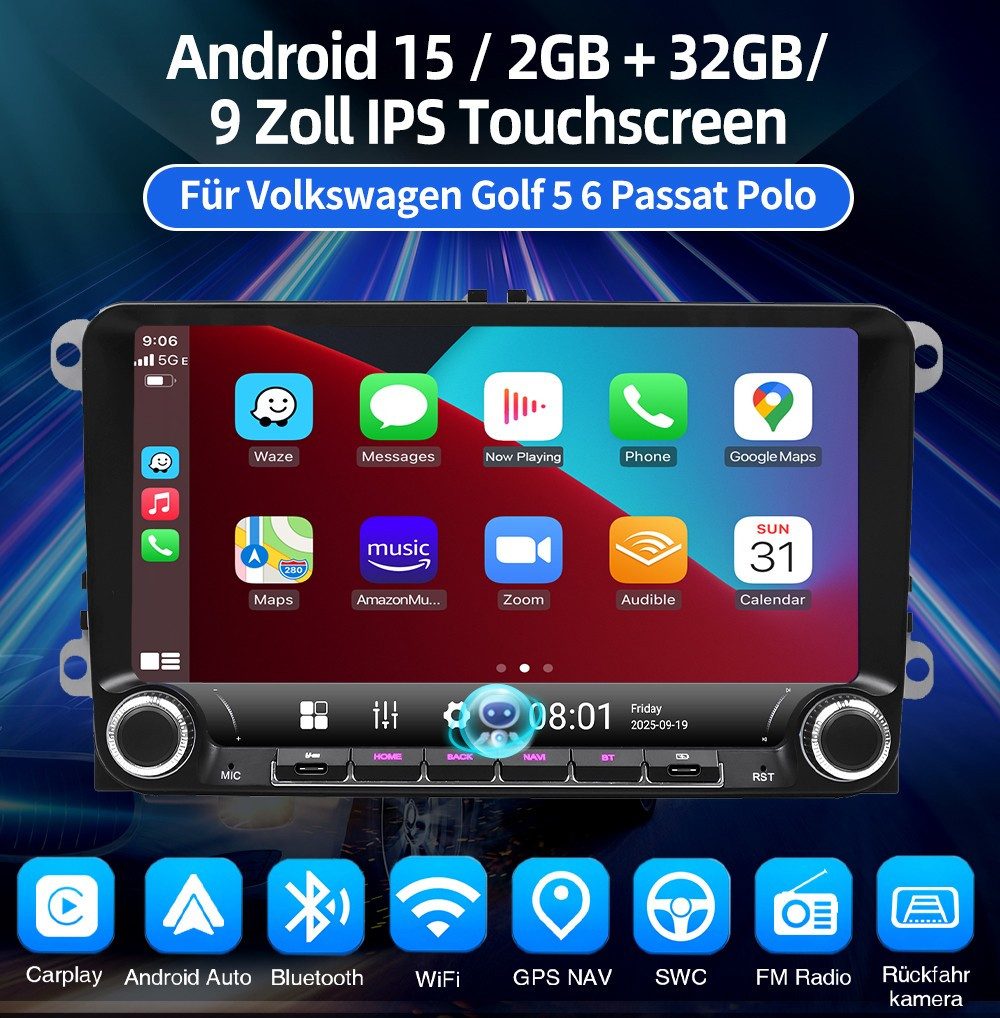 ESSGOO Für VW Golf 5 6 Plus Jetta Touran Caddy Tiguan Carplay Android 15 Autoradio (RDS, Digitalradio (DAB), FM, Carplay Android Auto Navi WIFI BT EQ)