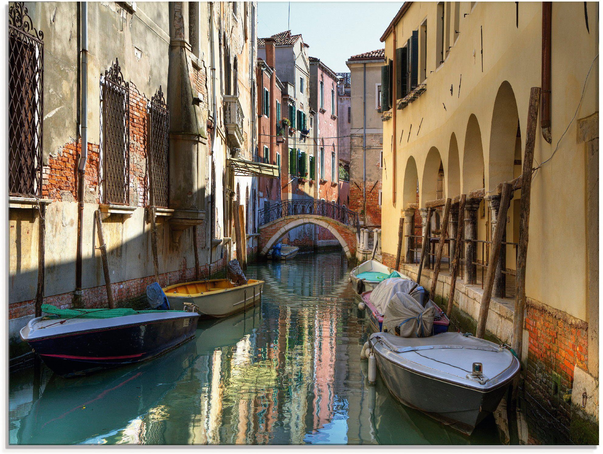 Glasbild Boote auf Kanal in Venedig