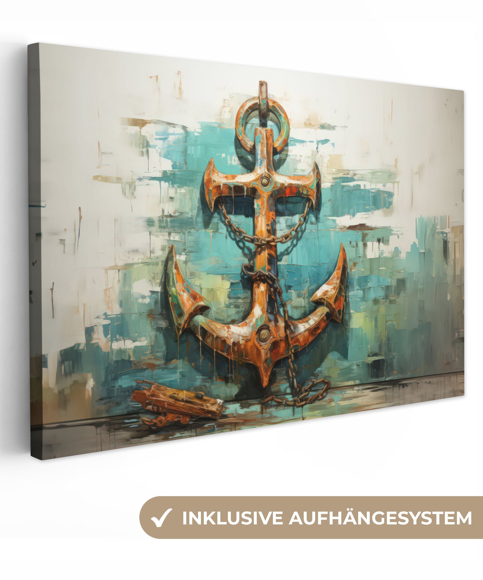 OneMillionCanvasses® Leinwandbild Anker - Blau - Weiß - Maritim, Fotodruck (1 St), Leinwand Bilder Klein, Wand Dekoration Aesthetic 30x20 cm