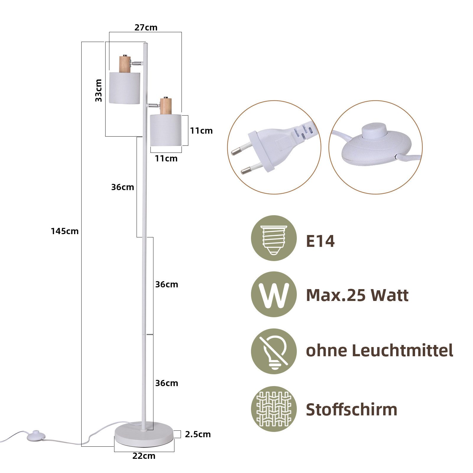 ZMH Stehlampe Wohnzimmer 2-flammig, E14 Standleuchte mit Stoffschirm, Einfache Installation, ohne Leuchtmittel, drehbare Leselampe für Schlafzimmer