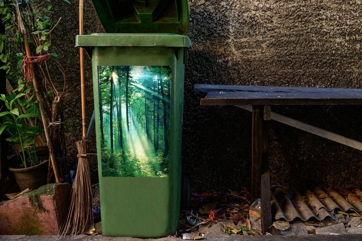 Mülleimer-aufkleber, MuchoWow im Abfalbehälter St), (1 Wald Wandsticker Sticker, Mülltonne, Licht Container,