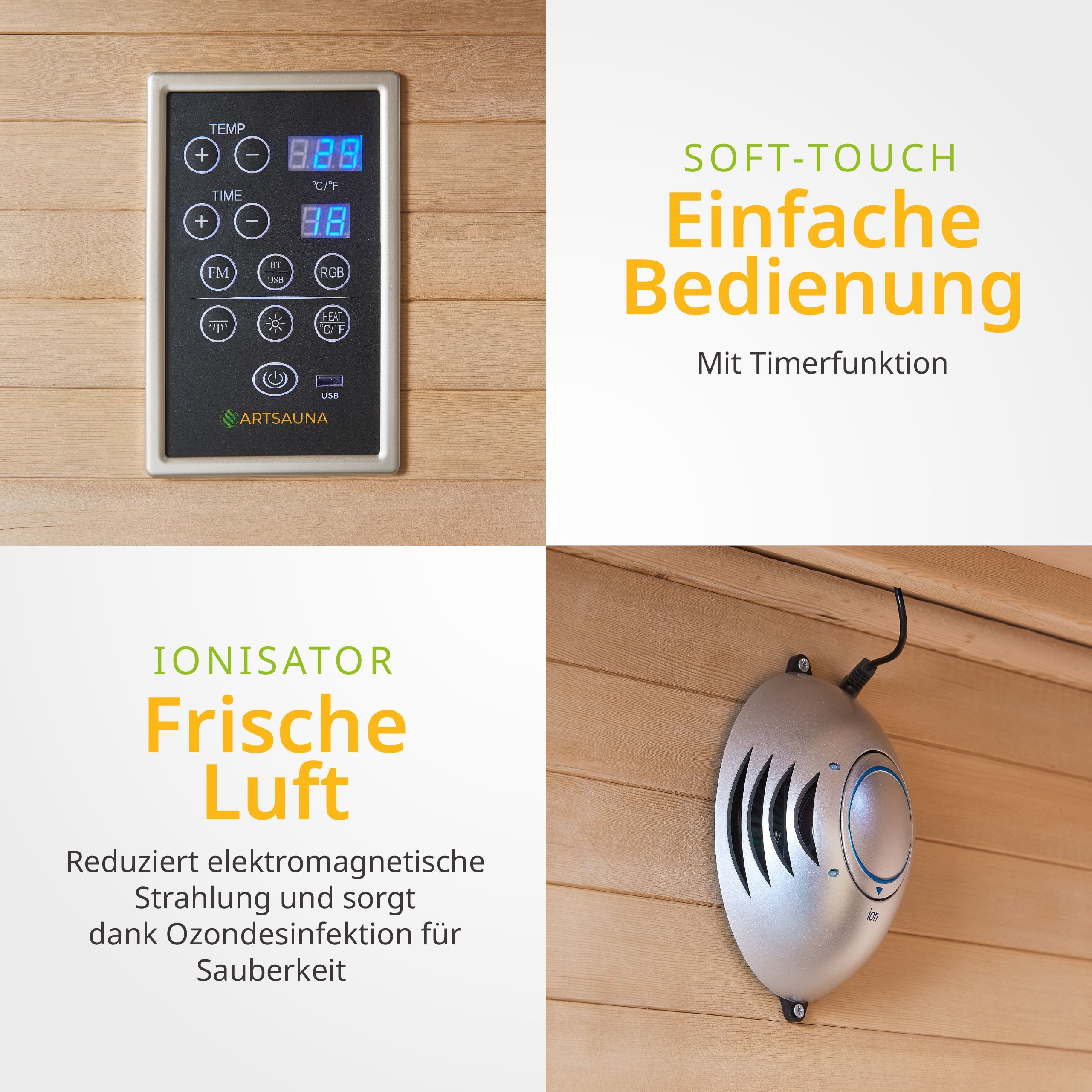 Artsauna Infrarotkabine Kiruna90 Dual Technologie, BxTxH: 90 x 90 x 190 cm, für 1 Personen, Hemlockholz, HiFi-System, Bluetooth, LED-Farblicht