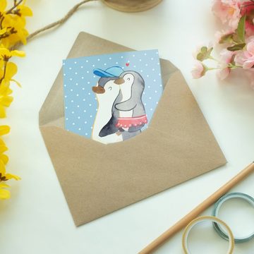 Mr. & Mrs. Panda Grußkarte Pinguin Kleine Schwester - Blau Pastell - Geschenk, Glückwunschkarte, Hochglänzende Veredelung