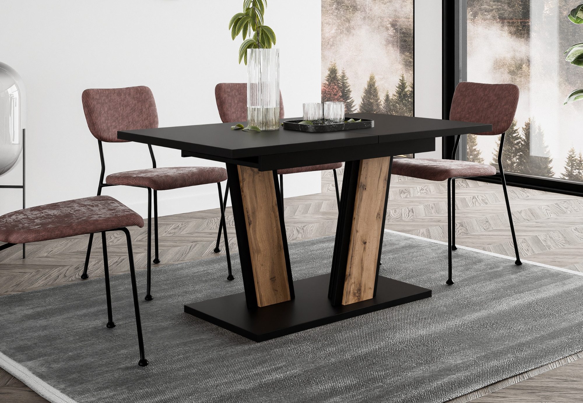 Home Collective Esstisch ausziehbar Tisch Küchentisch Esszimmertisch Ausziehtisch 120 / 140 cm (wählbar in 120-160 oder 140-180 x 80 cm Esszimmer Küche Wohnzimmer Esstisch erweiterbar), modernes Design mit Doppel-Säulengestell Schwarz